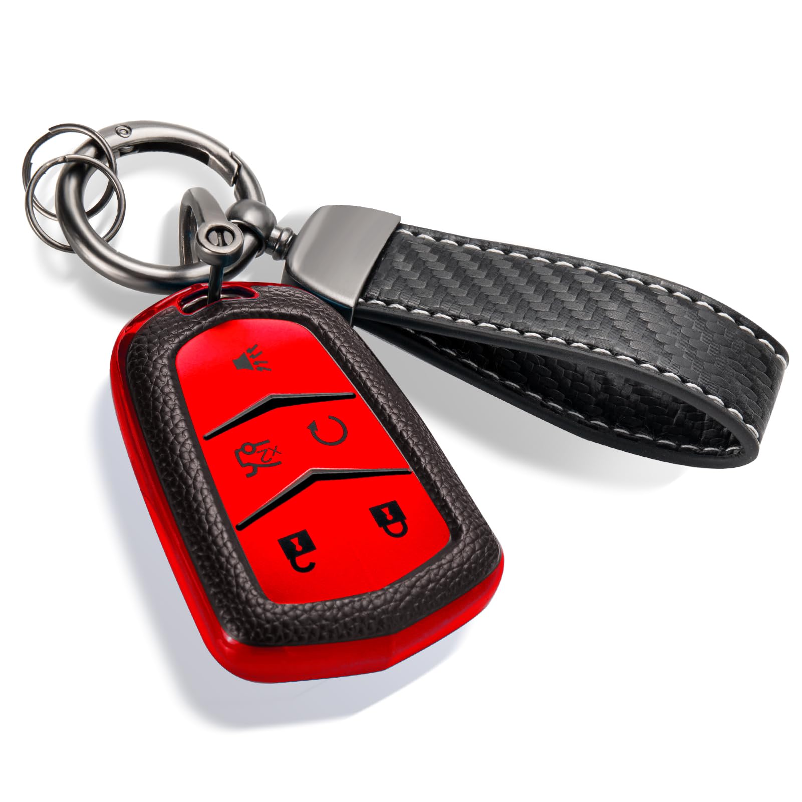 Cadillac Key Fob Cover with Metal Braided Rope Keychain, Upgraded Soft Key Case for 2015-2019 Escalade CTS SRX XT5 ATS STS CT6 (5 Button) (Gold Edge)