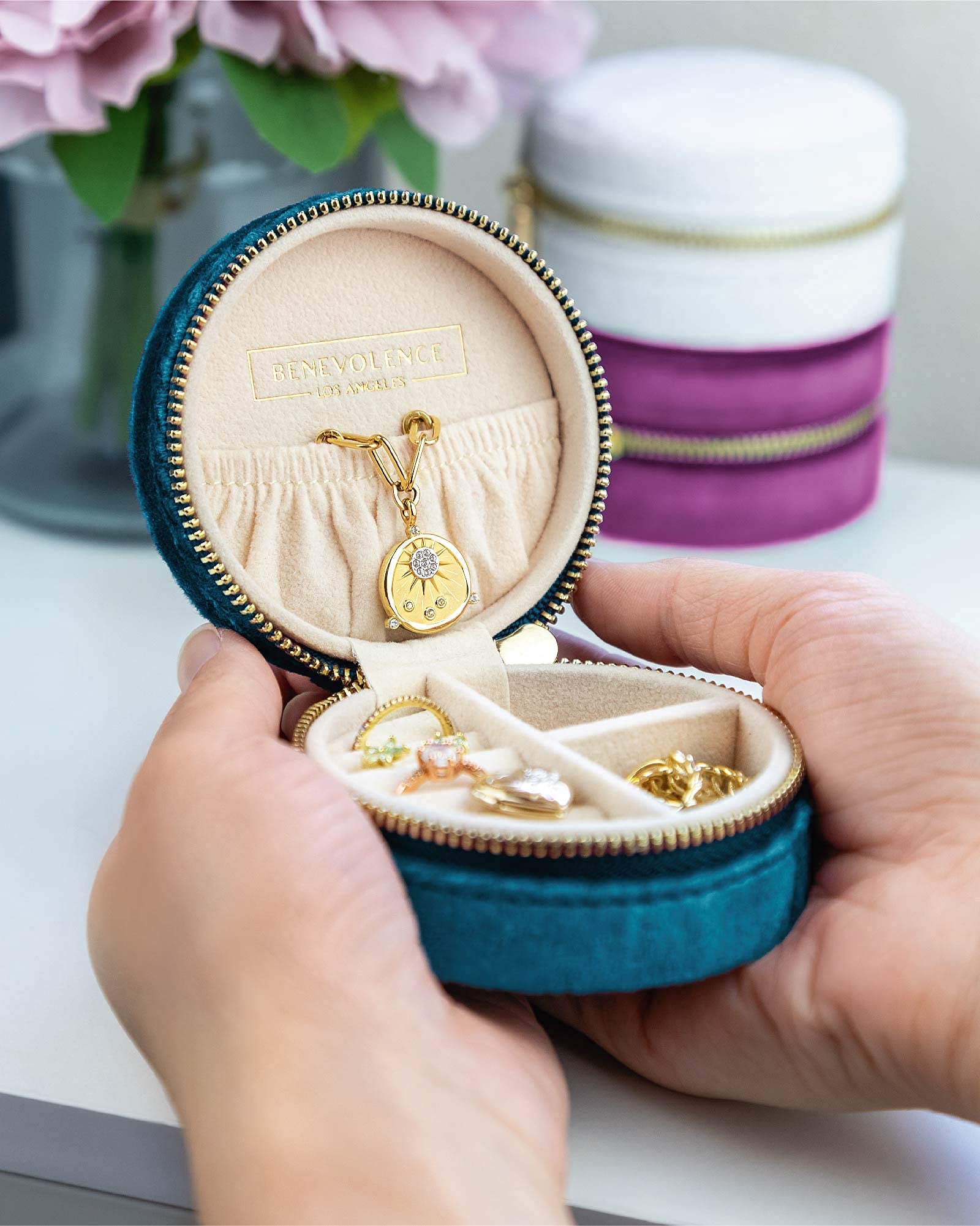 Benevolence LA Plush Velvet Travel Jewelry Storage Box | Travel Jewelry Case Small Jewelry Box for Women | Jewelry Travel Organizer | Earring Organizer with Mirror - Dusty Pink