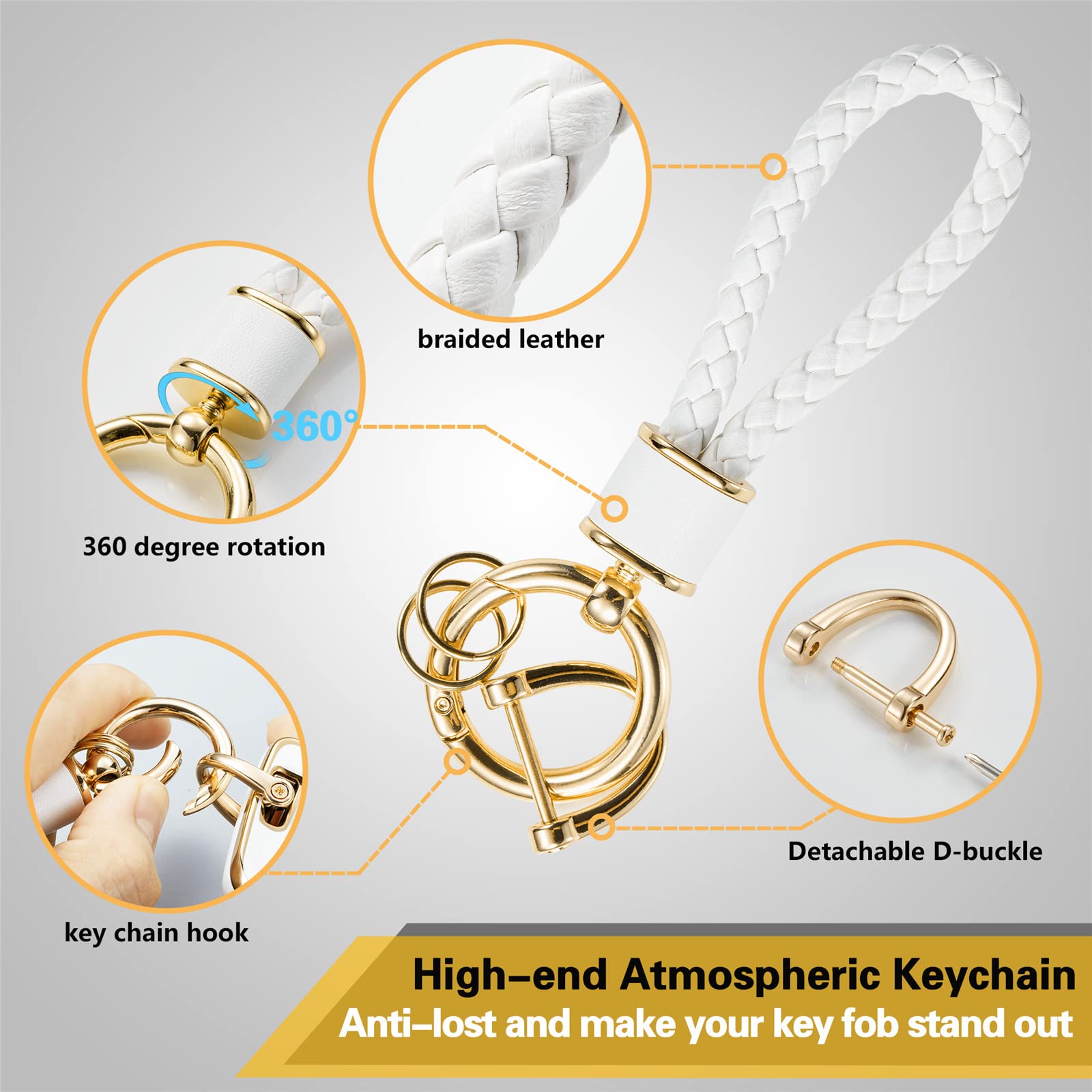 Cadillac Key Fob Cover with Metal Braided Rope Keychain, Upgraded Soft Key Case for 2015-2019 Escalade CTS SRX XT5 ATS STS CT6 (5 Button) (Gold Edge)