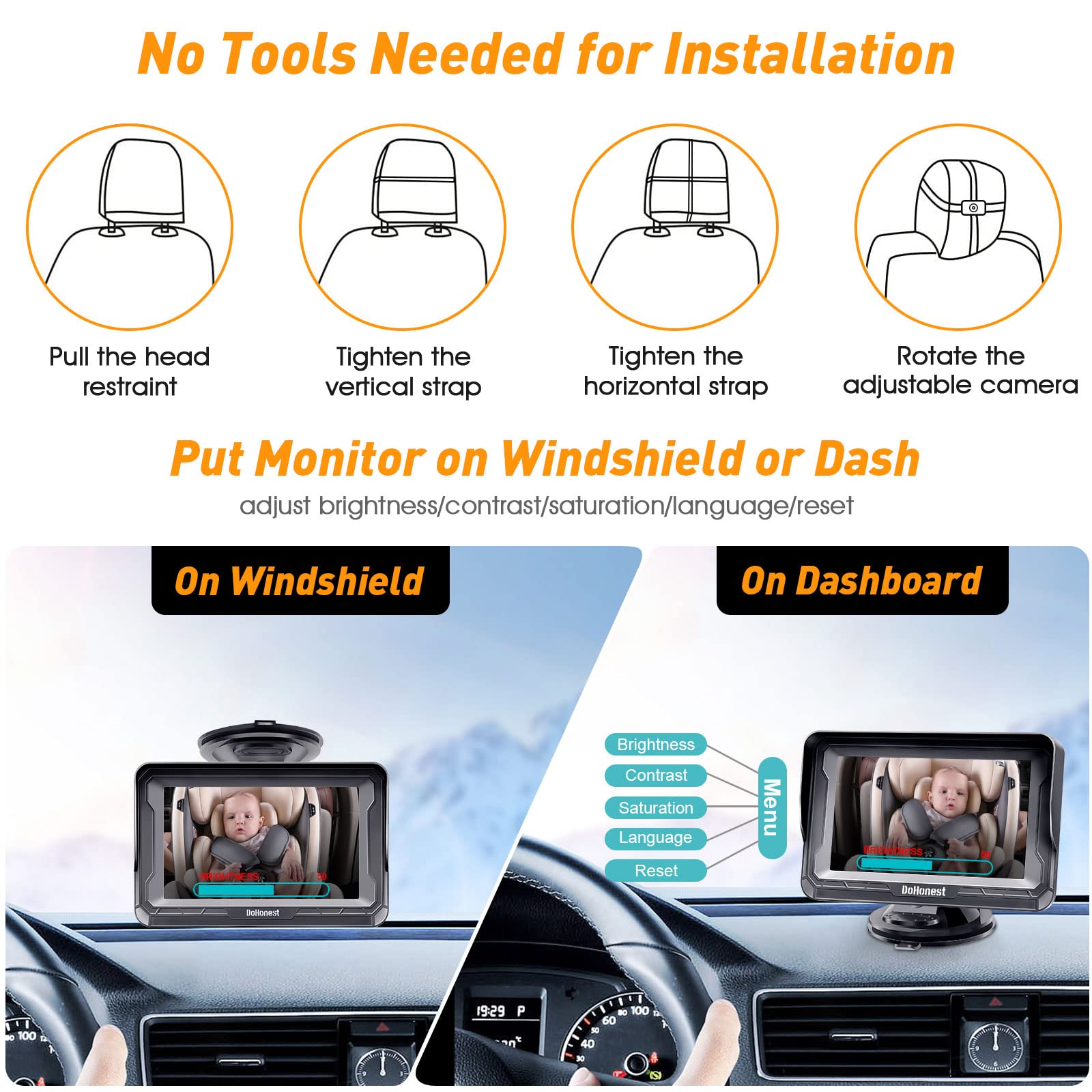 DoHonest Baby Car Camera 7-Inch: USB Plug and Play Easy Setup 360 Degree Rotating Backseat Camera Two Kids HD 1080P Rear Facing Car Seat Camera Clear Night Vision -V9 Black