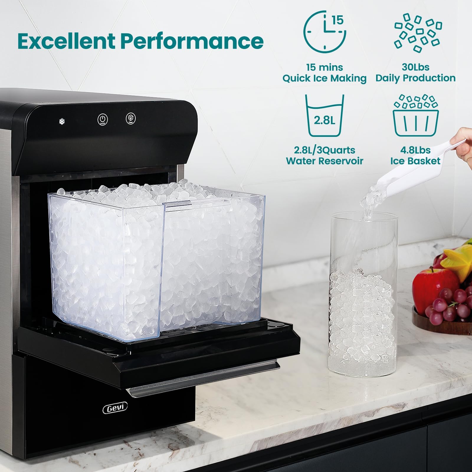 Gevi Household V2.0 Gemi Nugget Ice Maker Countertop Pellet Crushed Chewable Ice Machine with Self-Cleaning Open and Pour Water Refill for Kitchen Party Office Stainless Steel White