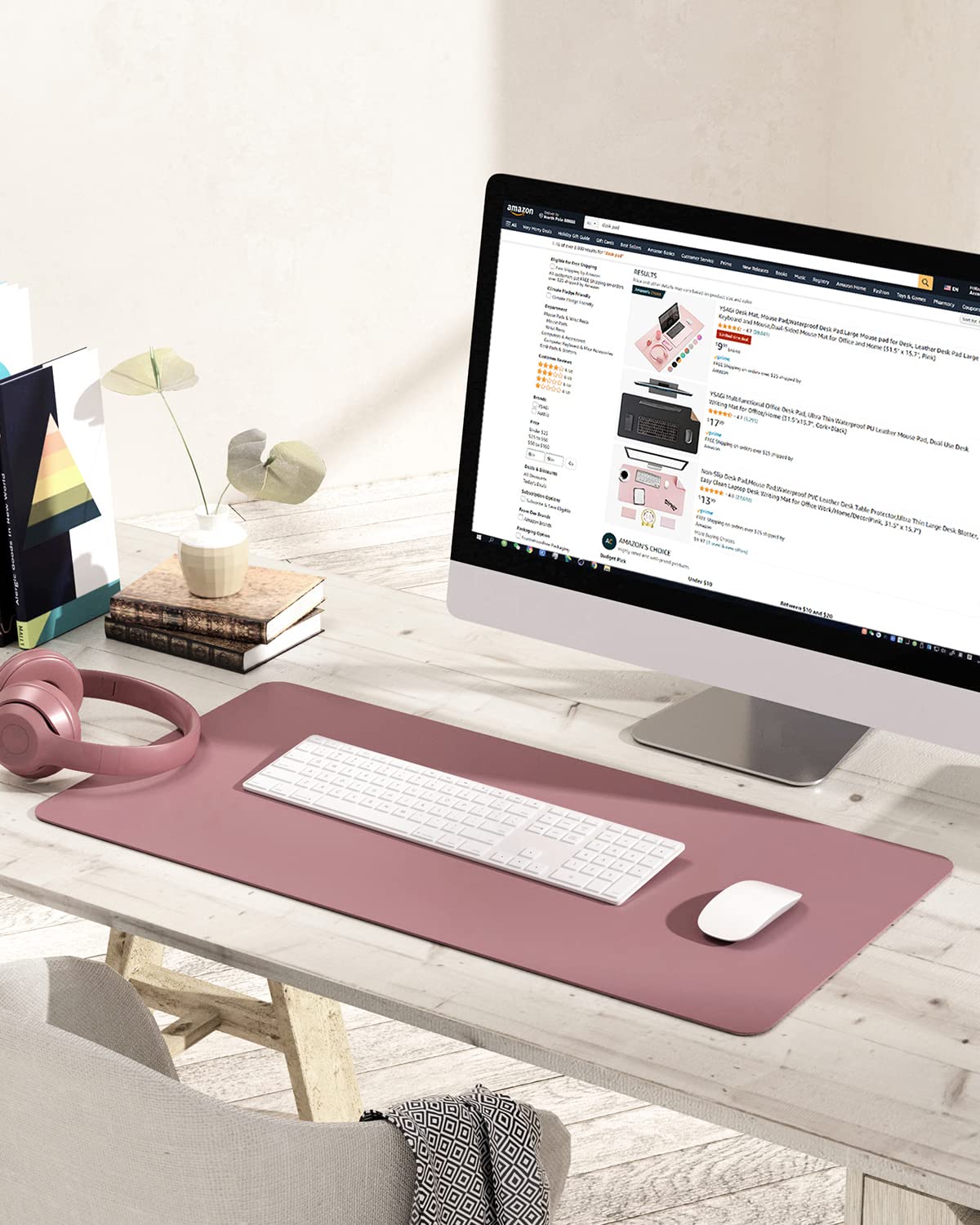 Non-Slip Desk Pad,Mouse Pad,Waterproof PVC Leather Desk Table Protector,Ultra Thin Large Desk Blotter, Easy Clean Laptop Desk Writing Mat for Office Work/Home/Decor(Pink, 23.6" x 13.7")