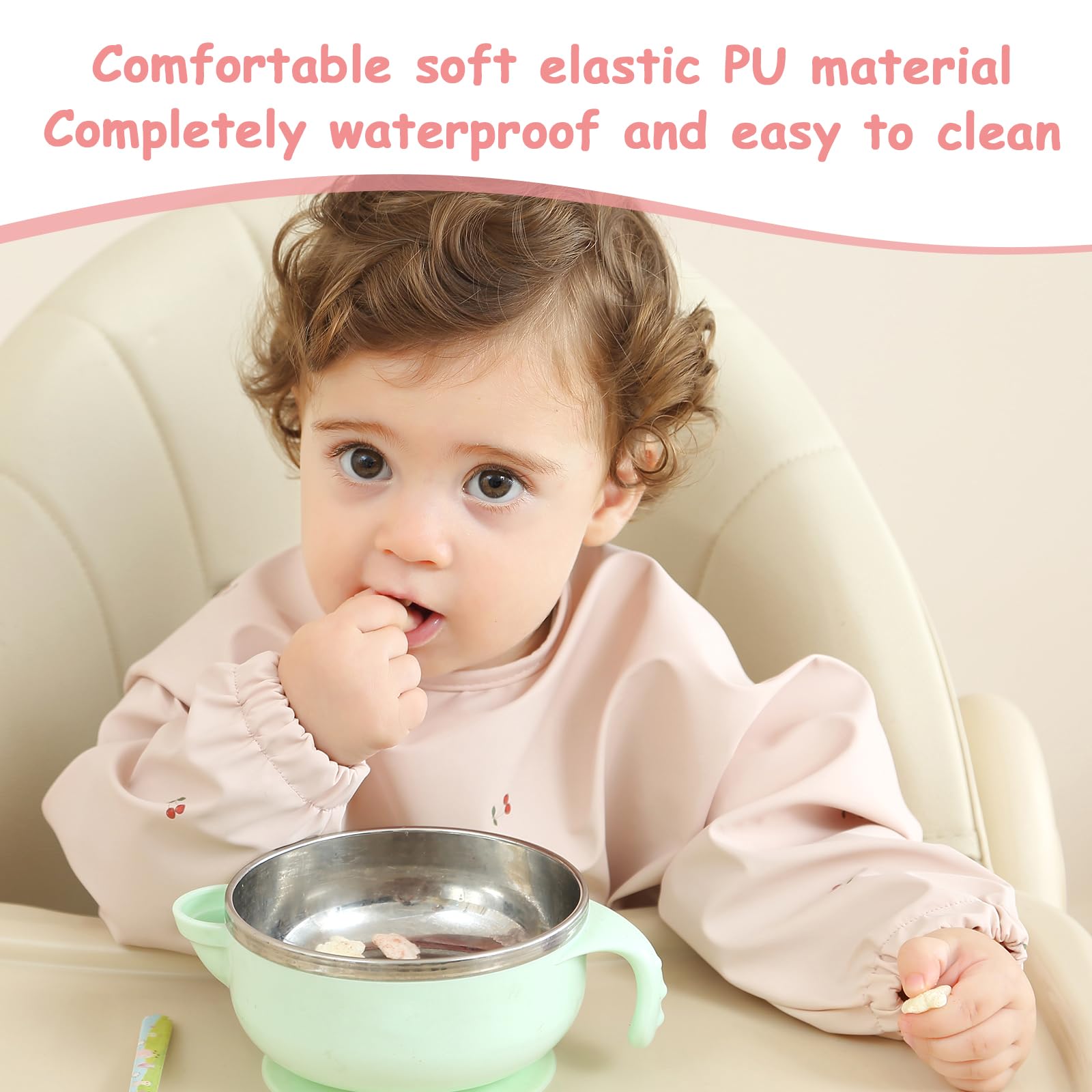 PewinGo Weaning Bib with Long Sleeves & BLW, Soft and Skin-Friendly Material, Coverall Bibs for Baby Feeding, Waterproof and Easy to Clean & Machine Washable, for Baby Infant Toddlers (Pink)
