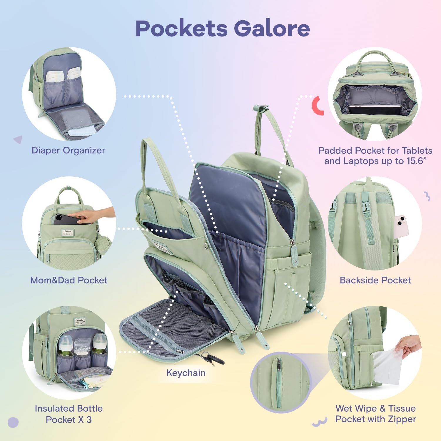 RUVALINO Diaper Bag Backpack, Multifunction Travel Pack Maternity Baby Changing Bags, Large Capacity, Waterproof, Beige