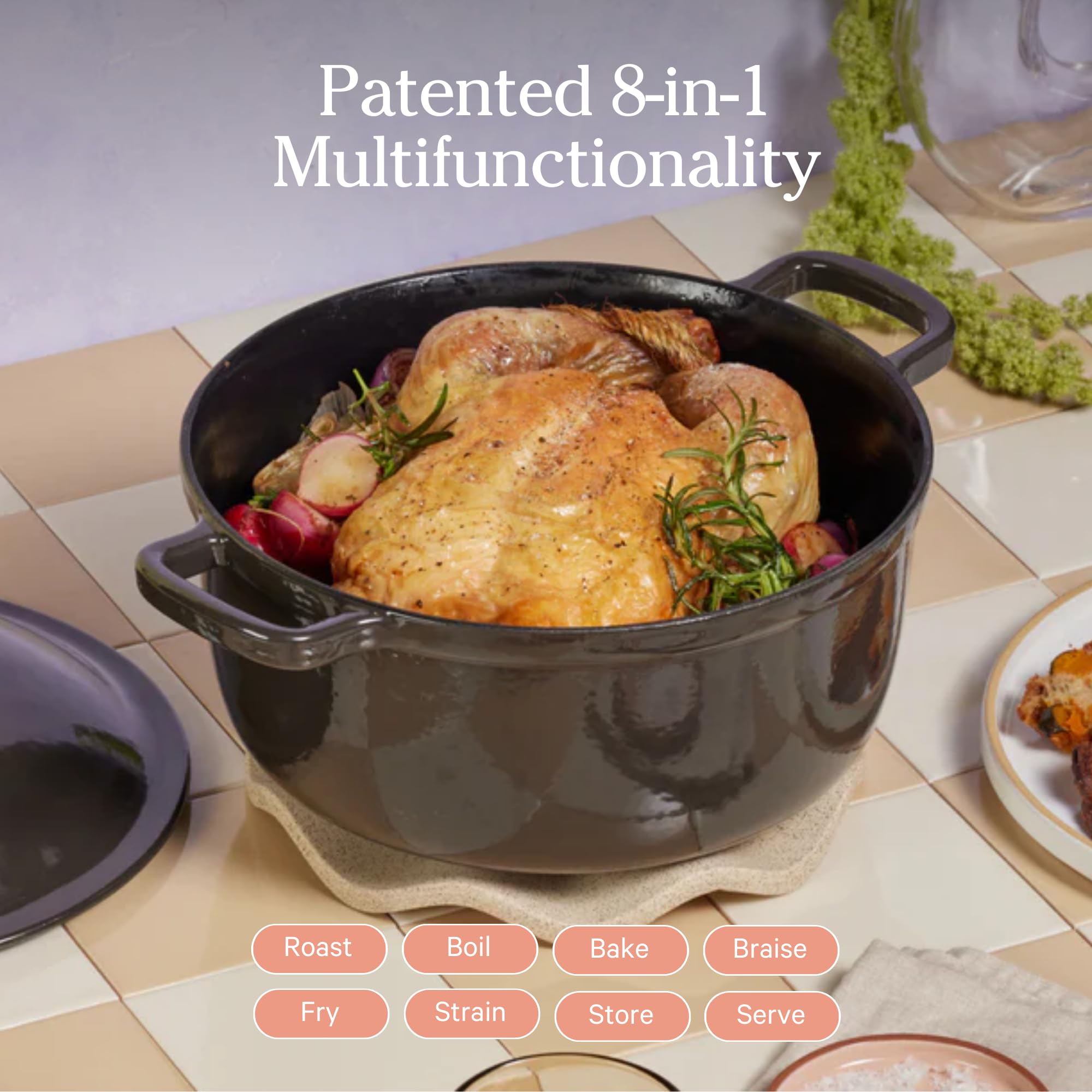 Our Place Cast Iron Perfect Pot | 6-in-1 Multifunctional 5.5 Qt. Toxin-Free Enameled Dutch Oven with Self-Basting Lid | Hot Grips & Beechwood Scraper | Induction Cooktop and Oven Safe | Spice