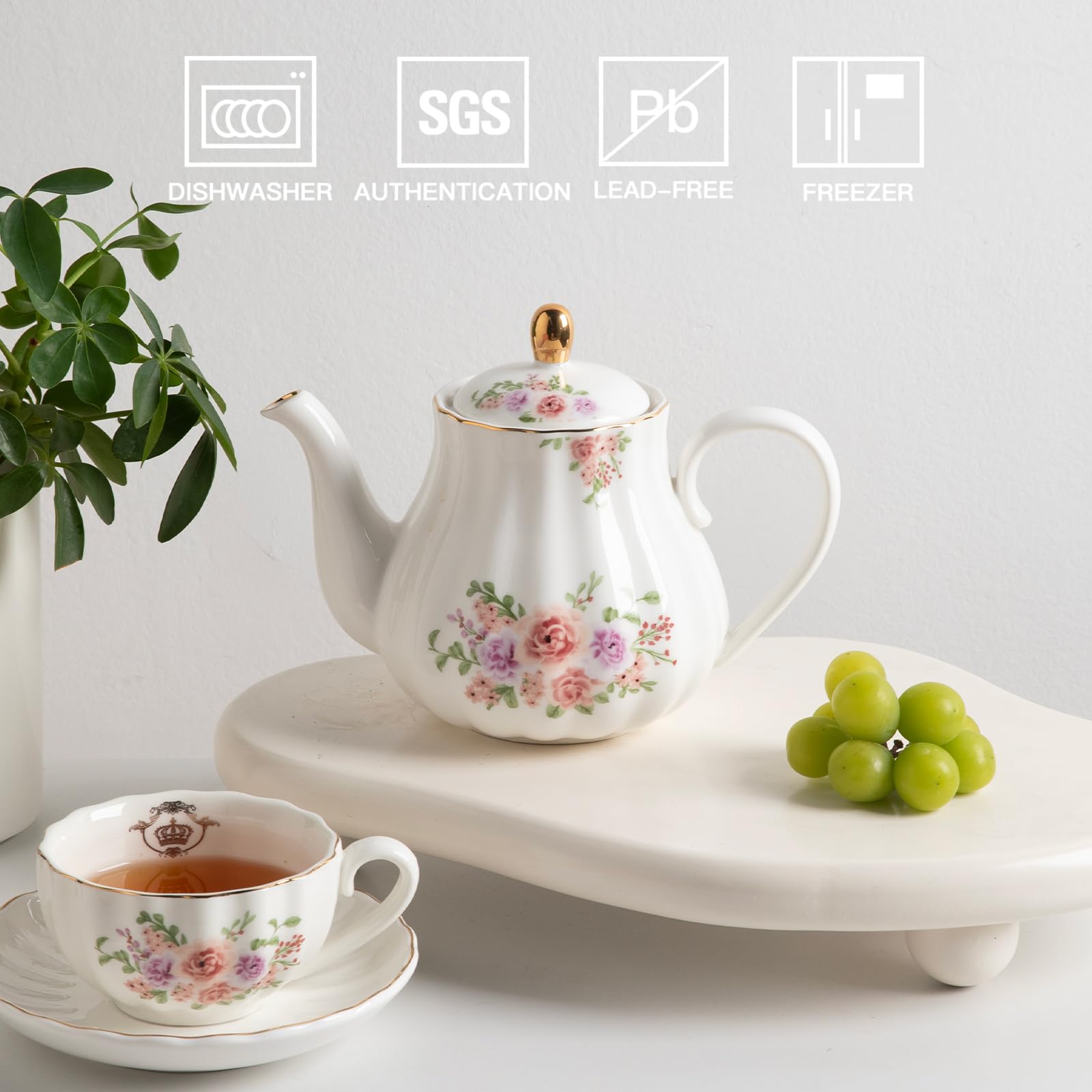 Sweejar Royal Teapot, Ceramic Tea Pot with Removable Stainless Steel Infuser, Blooming & Loose Leaf Teapot - 28 Ounce(White)