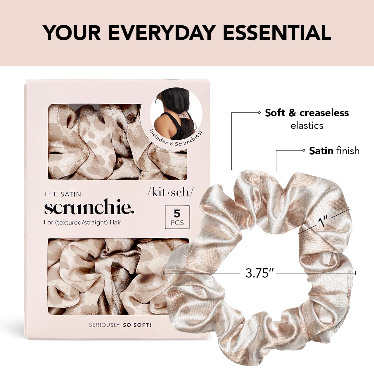 Kitsch Satin Hair Scrunchies for Women, Softer Than Silk Scrunchies for Hair, Satin Scrunchies for Girls, Satin Hair Ties for Women, Silk Hair Ties No Damage, Silk Ponytail Holders, 5 pcs (Cameo)