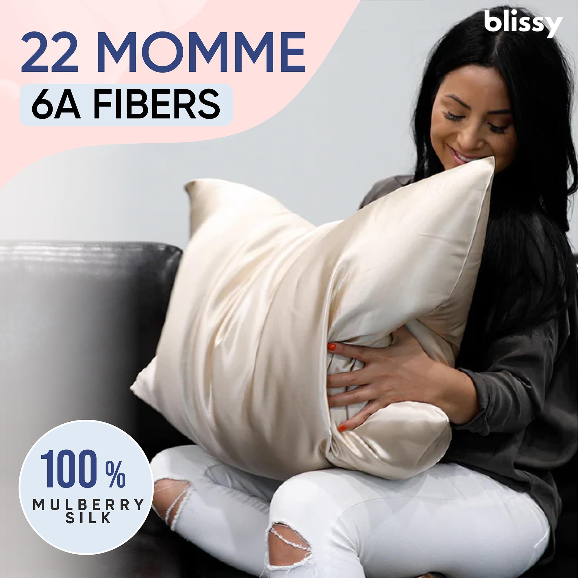 Blissy Silk Pillowcase - 100% Pure Mulberry Silk - 22 Momme 6A High-Grade Fibers - Silk Pillow Cover for Hair & Skin - Regular, Queen & King with Hidden Zipper (Standard,Blissy White)