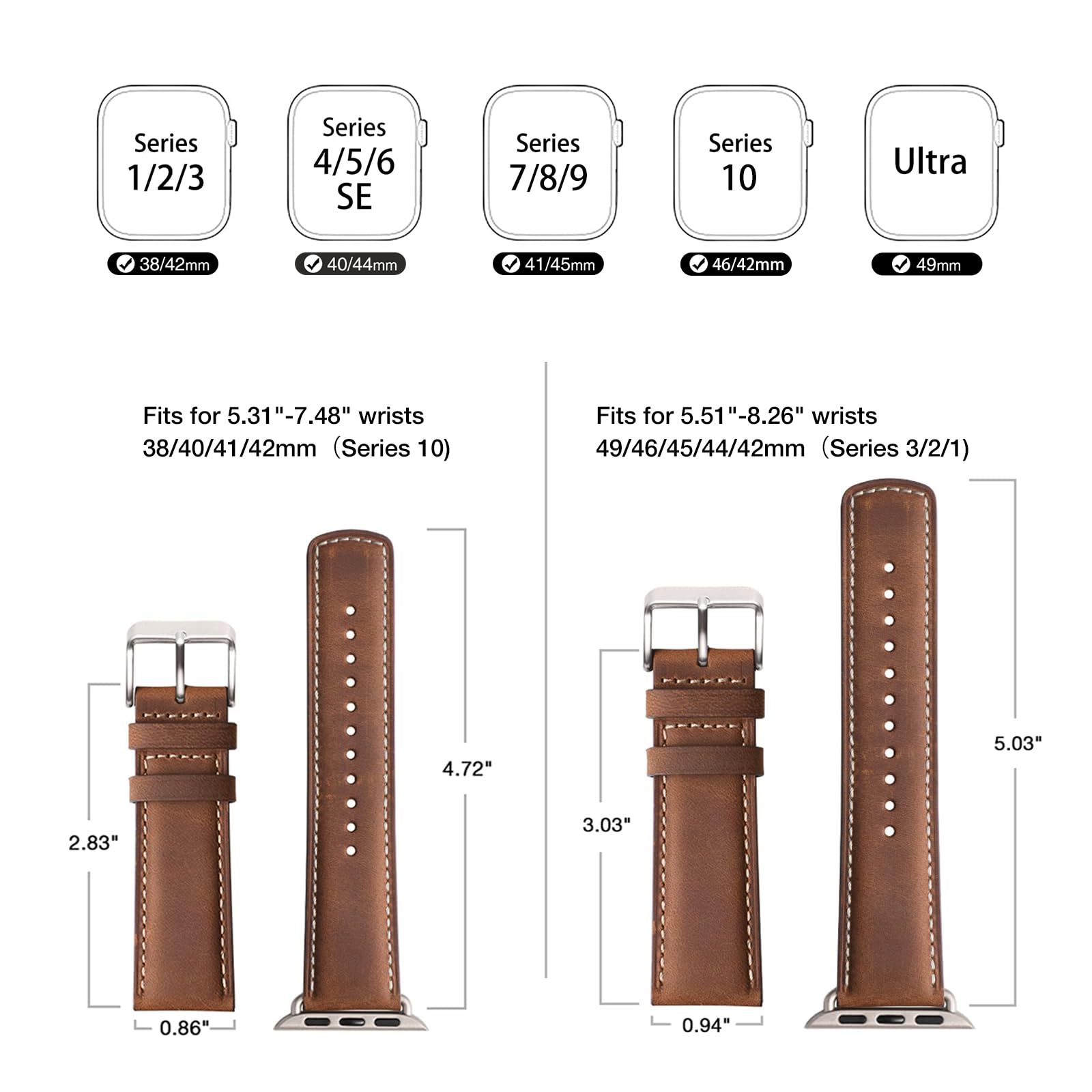 Bestig Compatible with Apple Watch Band 49mm 46mm 45mm 44mm 42mm(Series 3 2 1) Apple Watch Leather Bands Genuine Leather for iWatch Strap Ultra Series 10 9 8 7 6 5 4 SE Women Man-Redbrown/Black