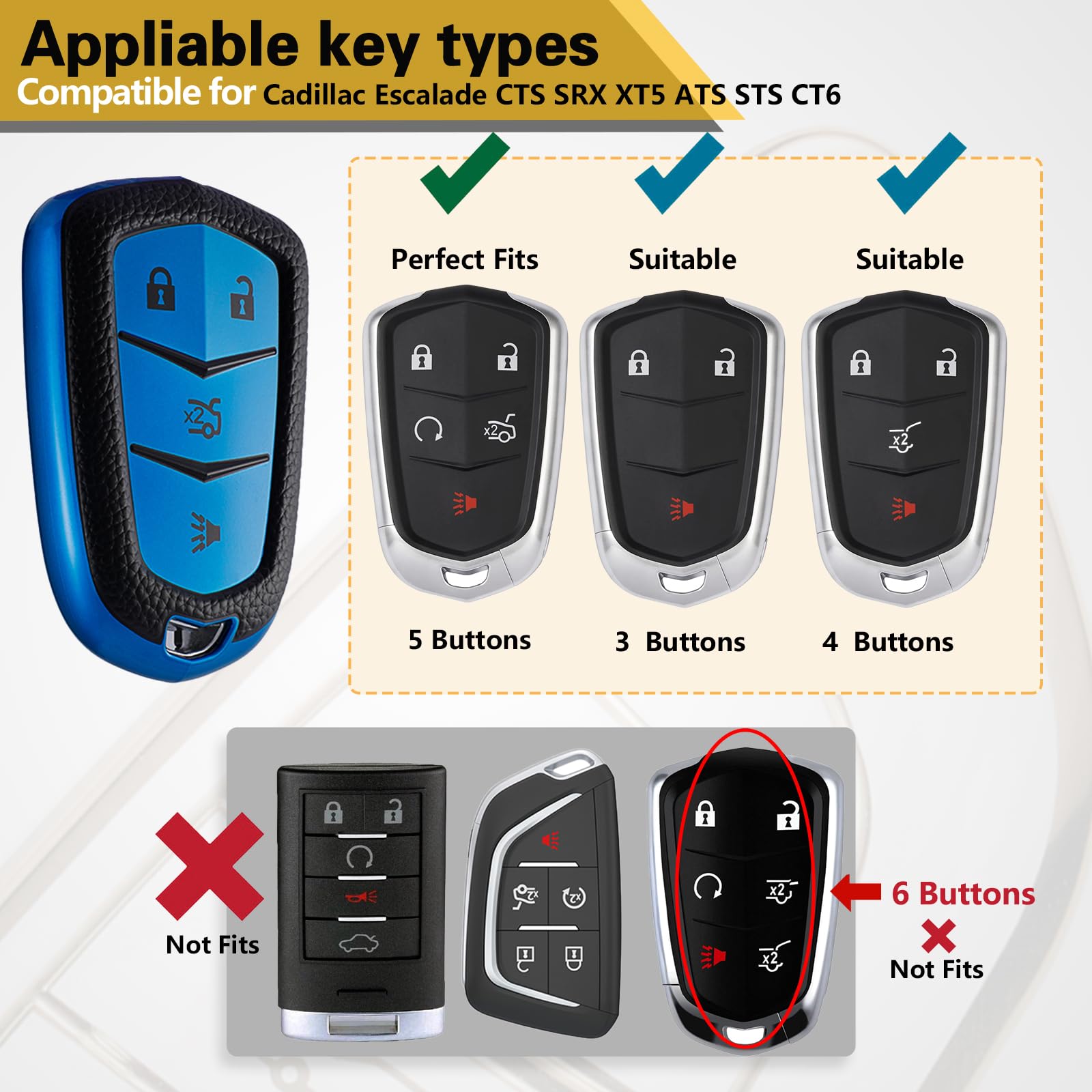 Cadillac Key Fob Cover with Metal Braided Rope Keychain, Upgraded Soft Key Case for 2015-2019 Escalade CTS SRX XT5 ATS STS CT6 (5 Button) (Gold Edge)