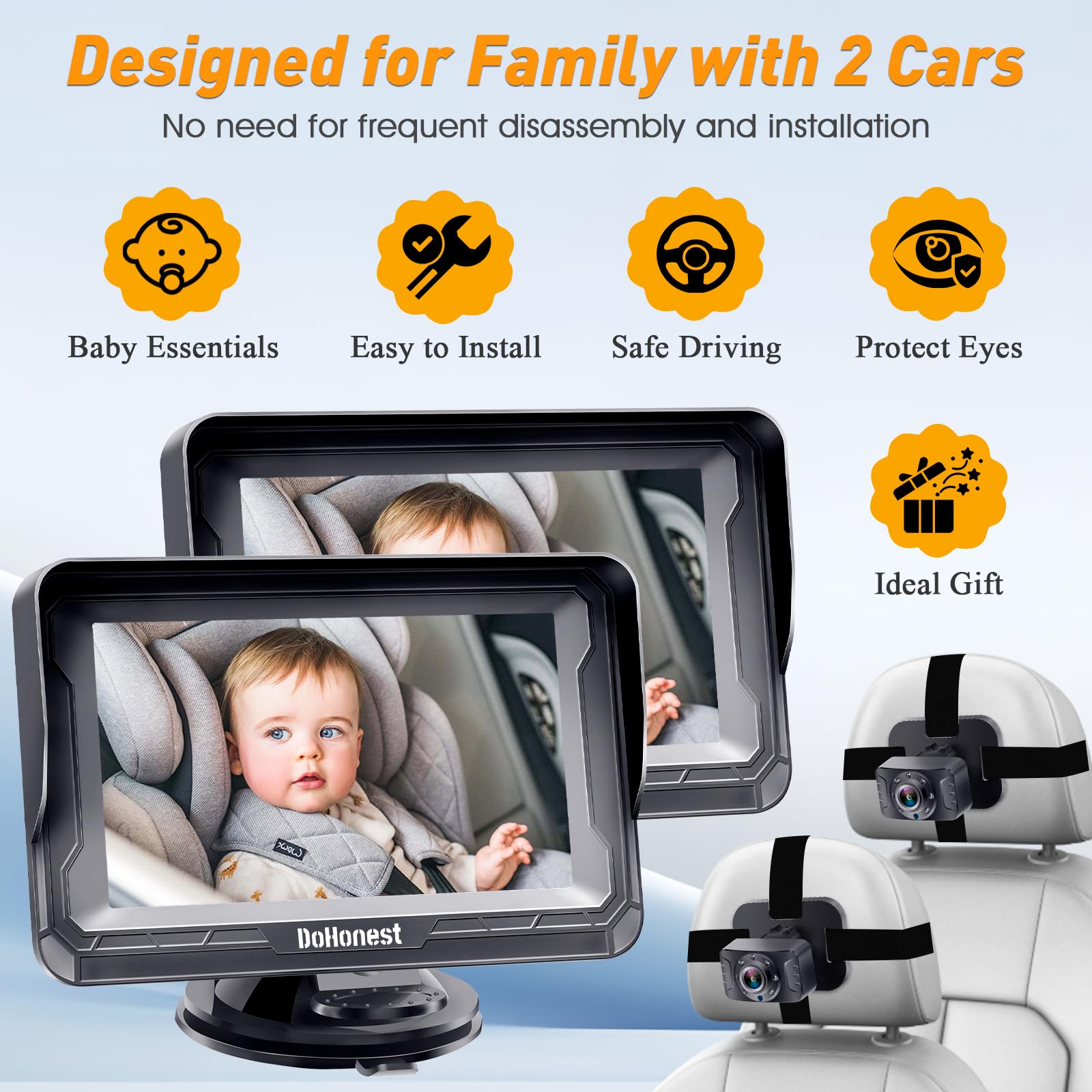 DoHonest Baby Car Camera 7-Inch: USB Plug and Play Easy Setup 360 Degree Rotating Backseat Camera Two Kids HD 1080P Rear Facing Car Seat Camera Clear Night Vision -V9 Black