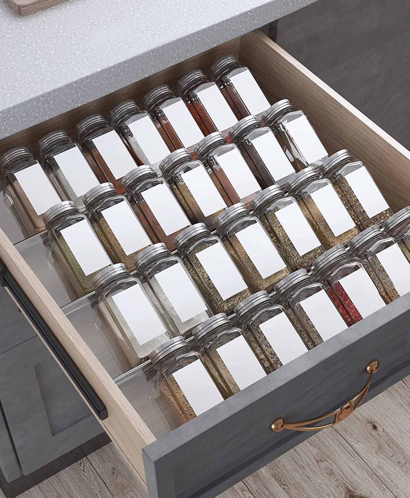 Clear Acrylic Spice Drawer Organizer, 4 Tier- 2 Set Expandable From 33 cm to 66 cm Seasoning Jars Drawers Insert, Kitchen Spice Rack Tray for Drawer/Countertop (Jars and Labels not included)