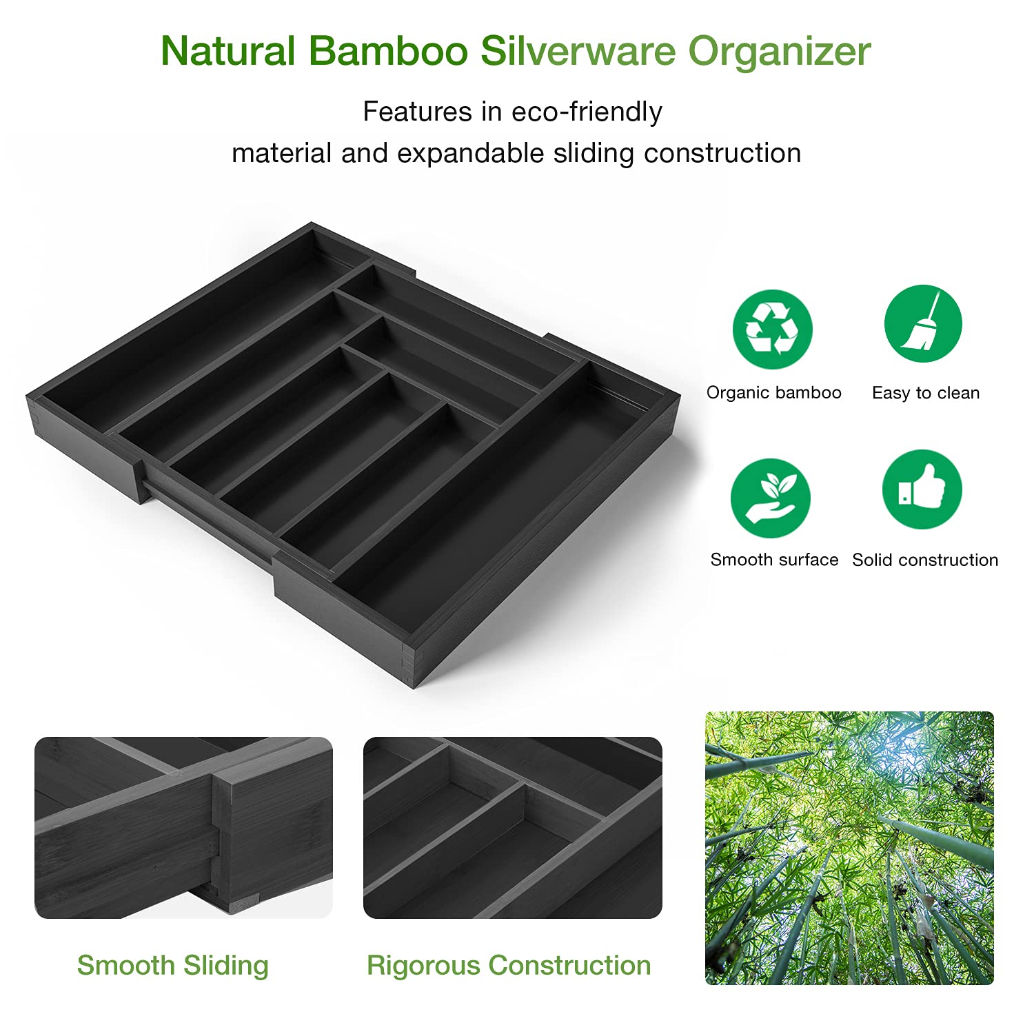 Bamboo Expandable Drawer Organizer for Utensils Holder, Adjustable Cutlery Tray, Wood Drawer Dividers Organizer for Silverware, Flatware, Knives in Kitchen, Bedroom, Living Room by Pipishell