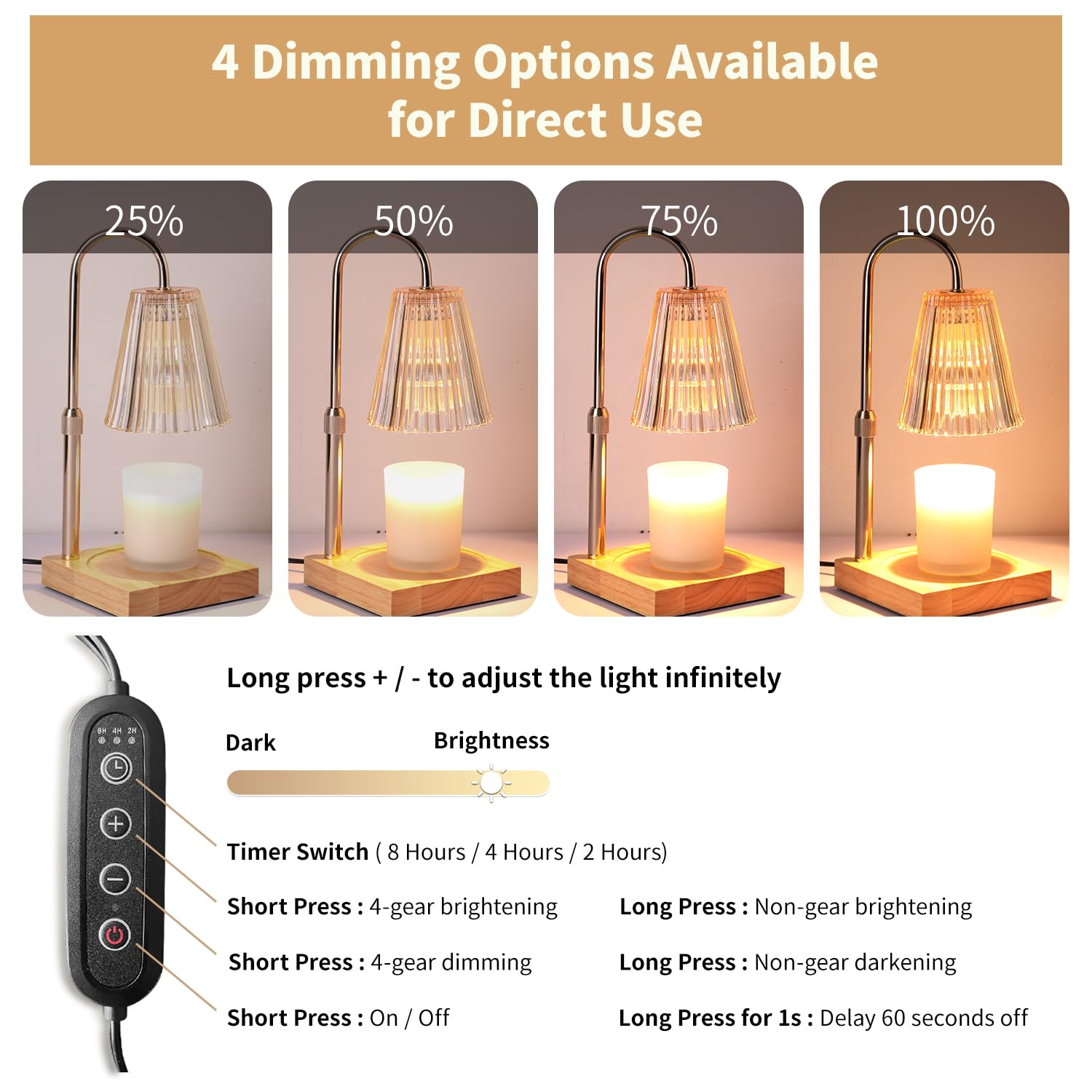 Candle Warmer Lamp with Dimmer, Electric Candle Warmer for Jar Candles, Bedroom Home Decor, 2H/4H/8H Timer Adjustable Height with 2 Bulbs, (Amber)