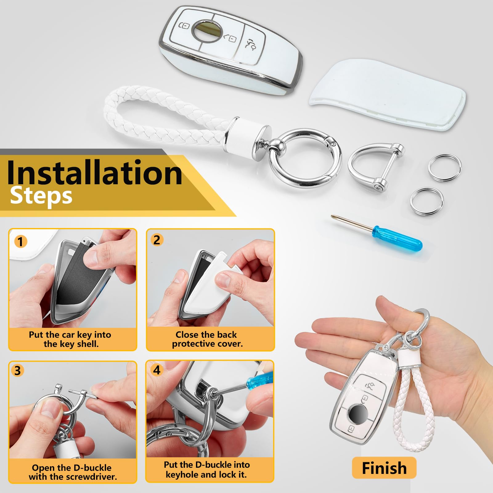 Cadillac Key Fob Cover with Metal Braided Rope Keychain, Upgraded Soft Key Case for 2015-2019 Escalade CTS SRX XT5 ATS STS CT6 (5 Button) (Gold Edge)