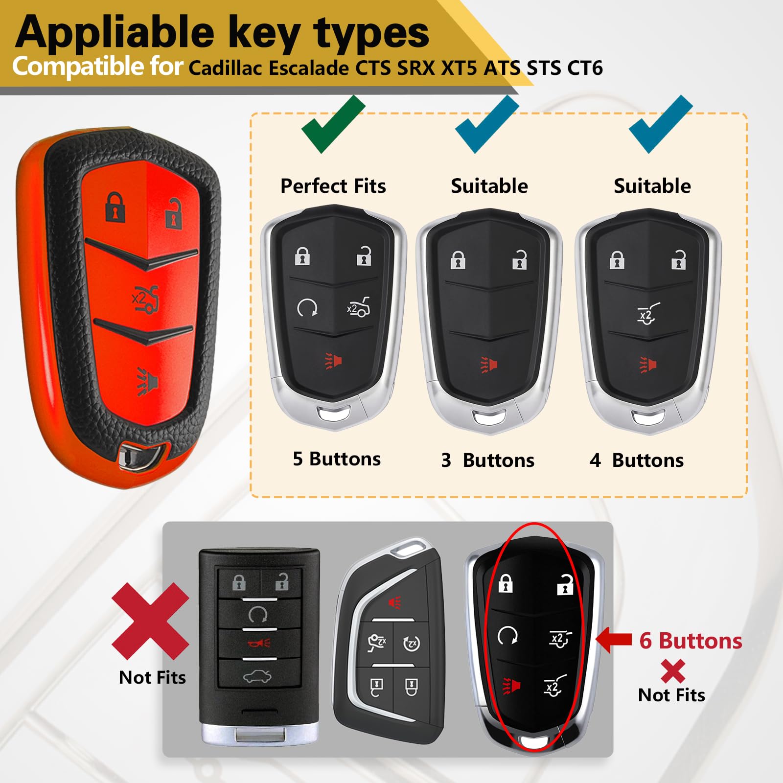 Cadillac Key Fob Cover with Metal Braided Rope Keychain, Upgraded Soft Key Case for 2015-2019 Escalade CTS SRX XT5 ATS STS CT6 (5 Button) (Gold Edge)
