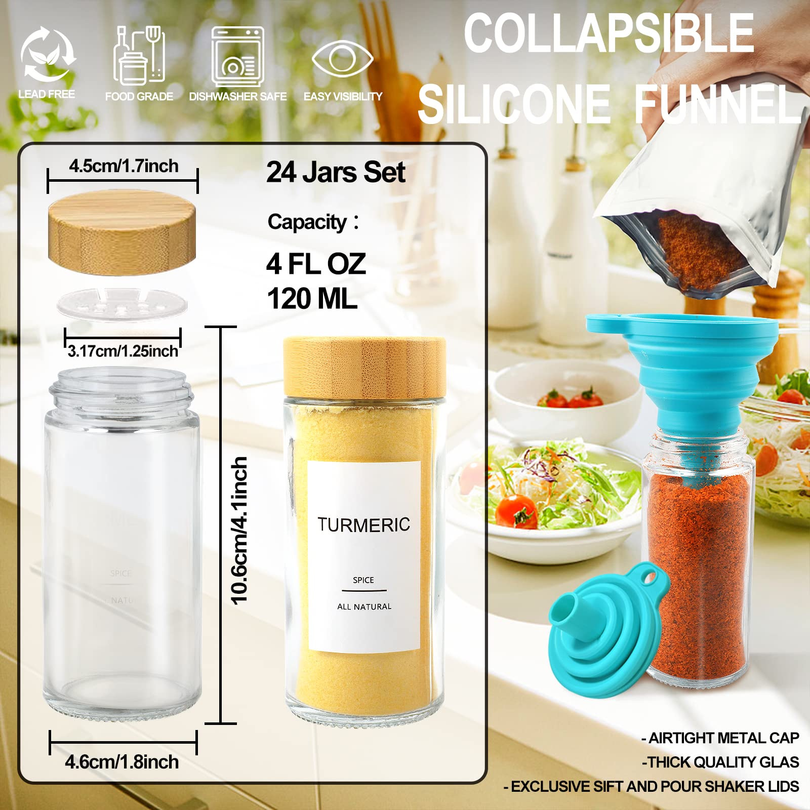 AISIPRIN 24 Pcs Glass Spice Jars with Bamboo Airtight Lids and 398 Labels, 4oz Empty Square Containers Seasoning Storage Bottles - Shaker Lids, Funnel, Brush and Marker Included