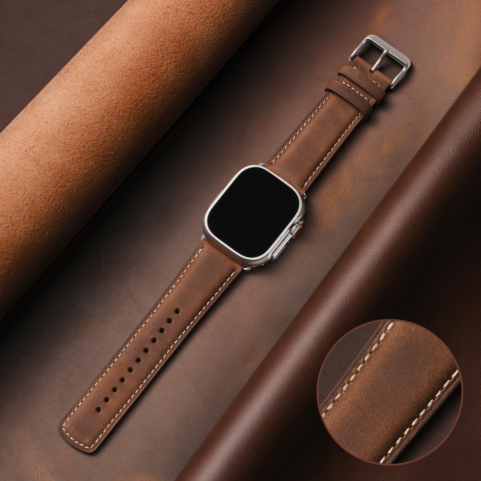 Bestig Compatible with Apple Watch Band 49mm 46mm 45mm 44mm 42mm(Series 3 2 1) Apple Watch Leather Bands Genuine Leather for iWatch Strap Ultra Series 10 9 8 7 6 5 4 SE Women Man-Redbrown/Black
