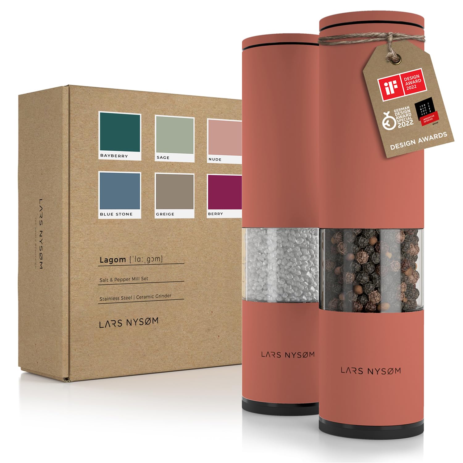 LARS NYSØM Salt and Pepper Mills Set Stainless Steel with Adjustable Ceramic Grinder 2 Pieces I Design Spice Mills Set Manual (Brown/Beige)