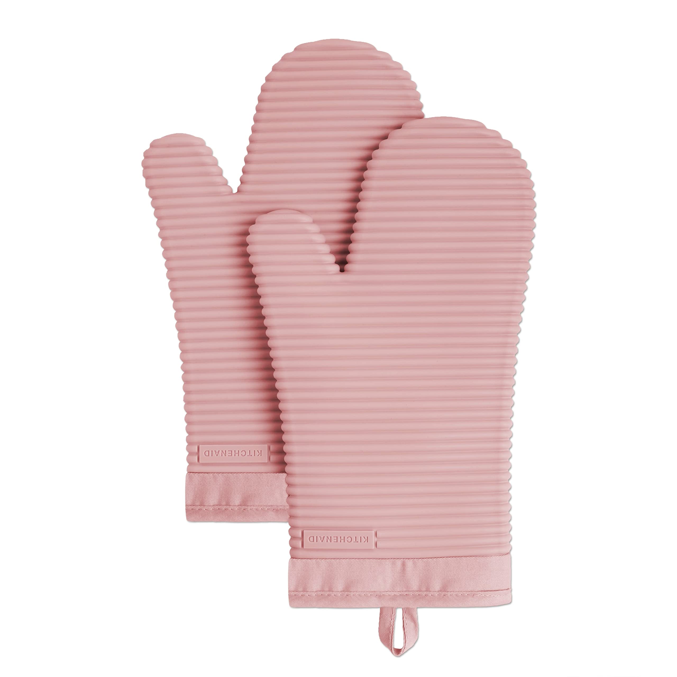 KitchenAid Ribbed Soft Silicone Oven Mitt Set, 7"x13", Milkshake 2 Count