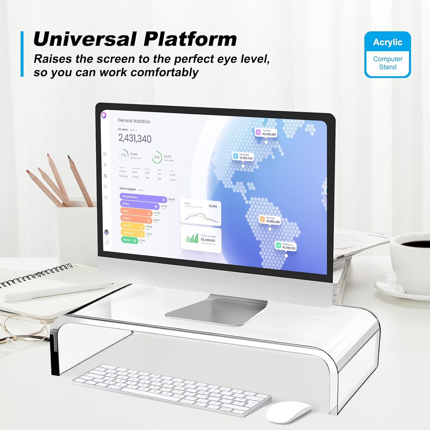 Acrylic Monitor Stand Riser - Acrylic Laptop Stand, Clear Monitor Stand, Acrylic Computer Stand, Acrylic Monitor Riser for Desk Keyboard Storage Office, Home, School