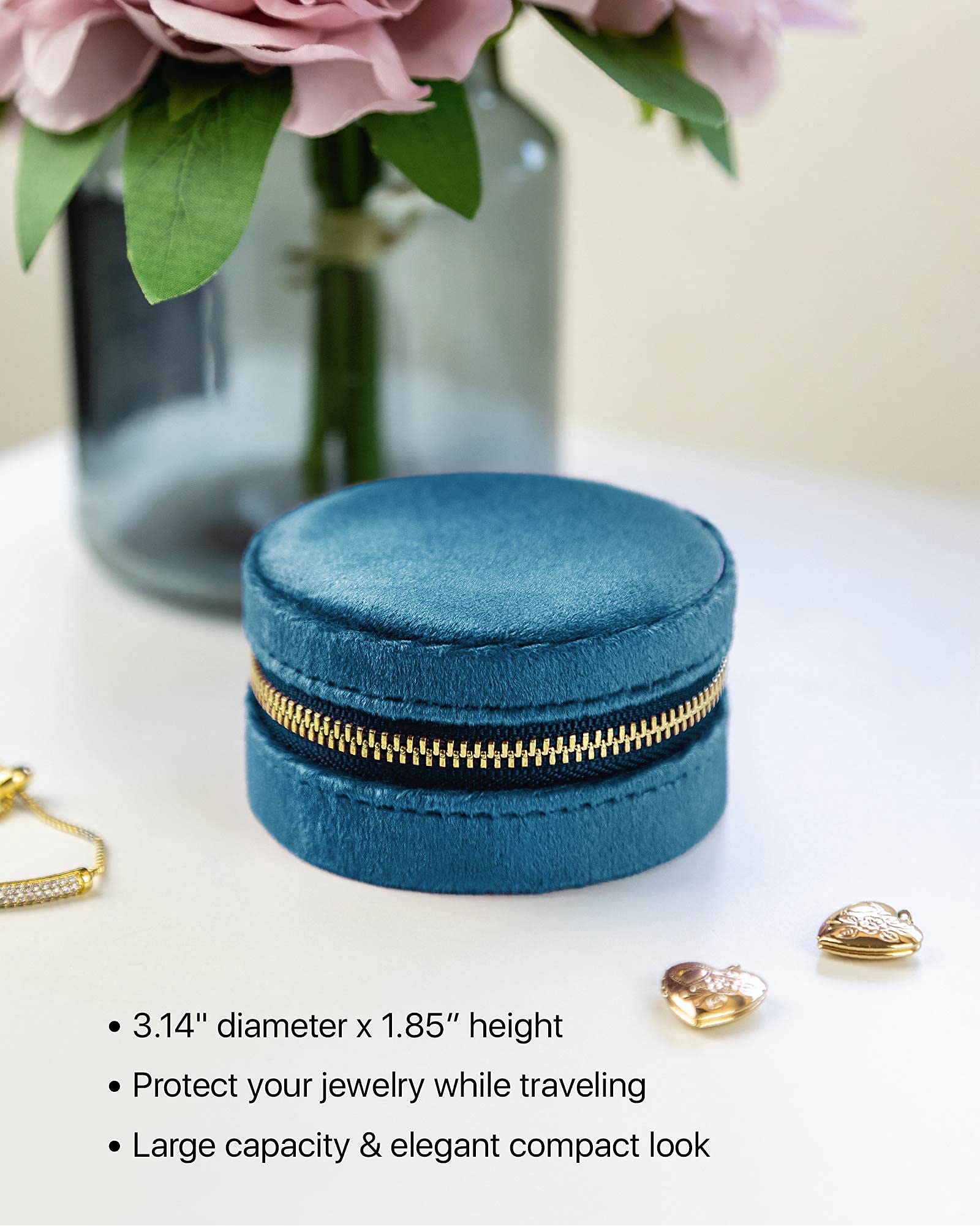 Benevolence LA Plush Velvet Travel Jewelry Storage Box | Travel Jewelry Case Small Jewelry Box for Women | Jewelry Travel Organizer | Earring Organizer with Mirror - Dusty Pink