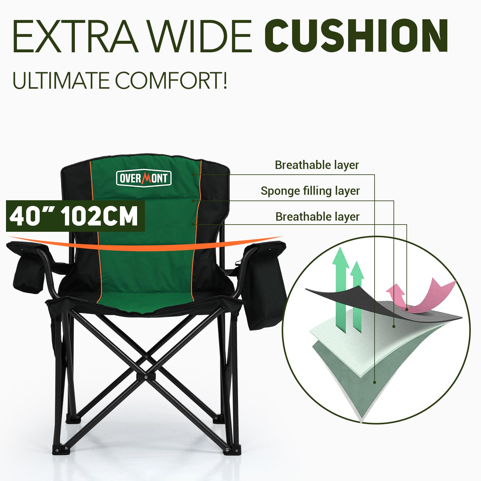 Overmont Oversized Folding Camping Chair - Fully Padded with Cooler Pocket Carry Bag - Heavy Duty Portable Collapsible Lawn Chair Supports 450 LBS for Outdoor Sports Beach Garden Picnic