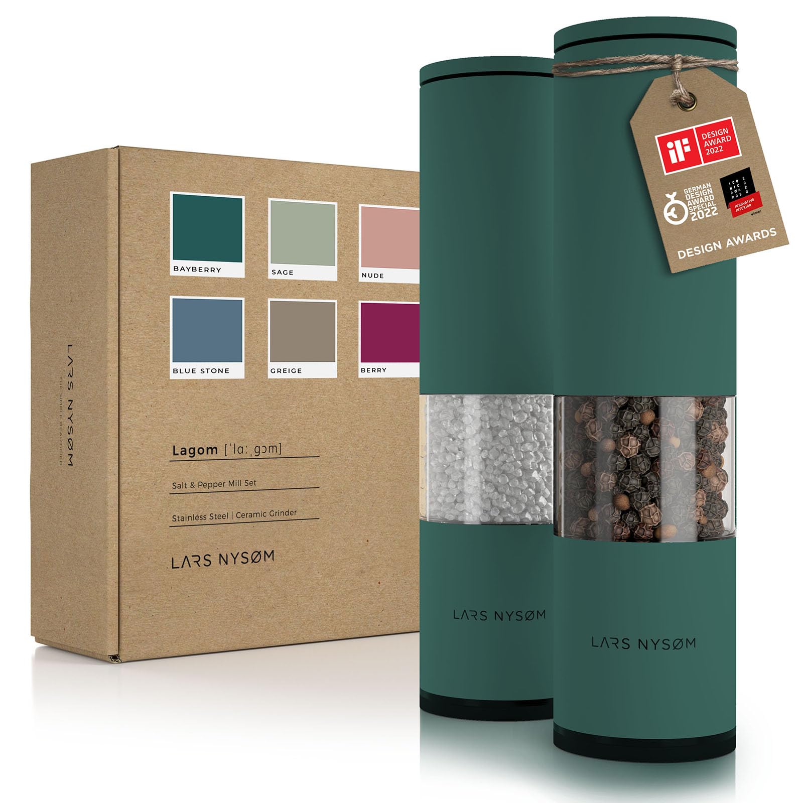 LARS NYSØM Salt and Pepper Mills Set Stainless Steel with Adjustable Ceramic Grinder 2 Pieces I Design Spice Mills Set Manual (Brown/Beige)