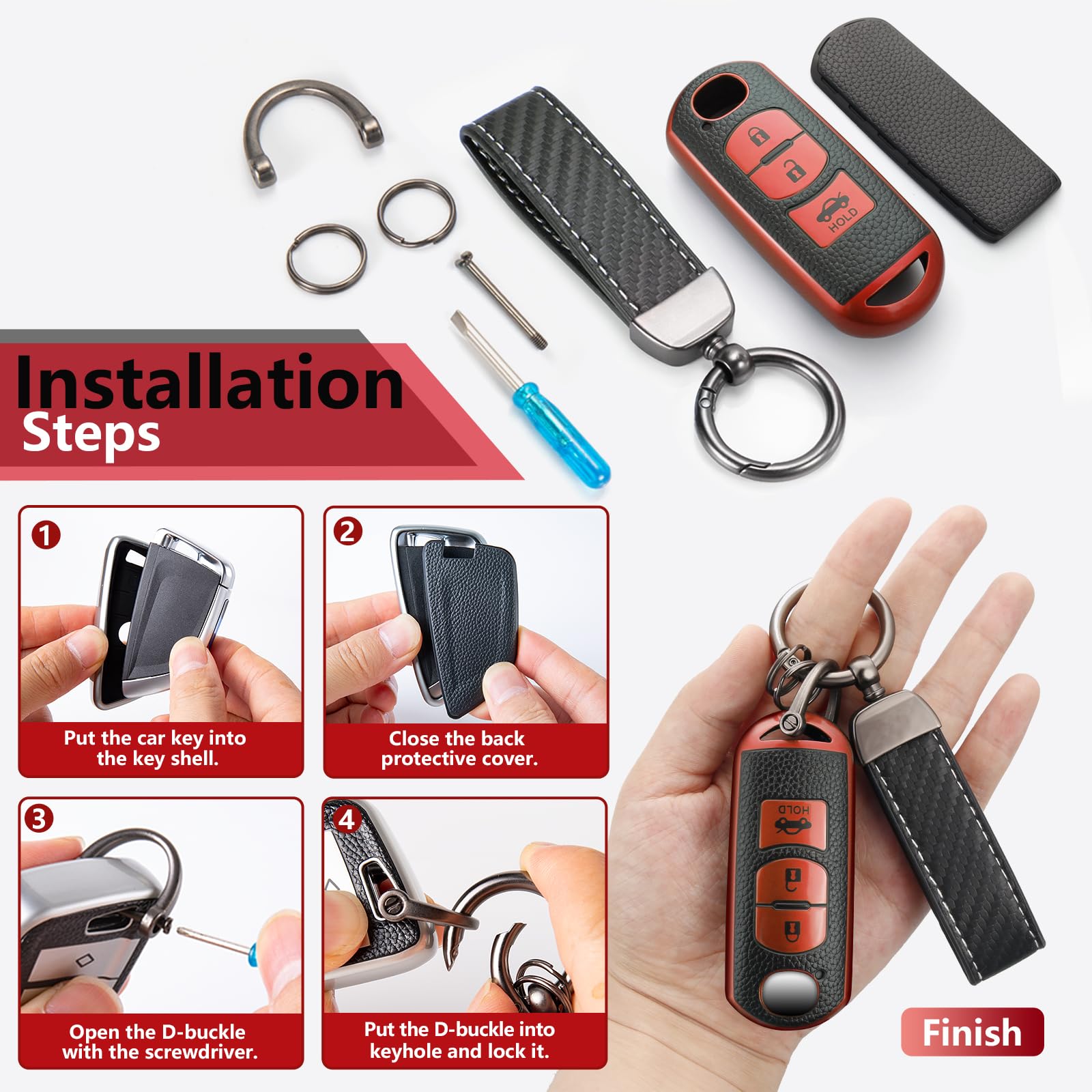 Cadillac Key Fob Cover with Metal Braided Rope Keychain, Upgraded Soft Key Case for 2015-2019 Escalade CTS SRX XT5 ATS STS CT6 (5 Button) (Gold Edge)