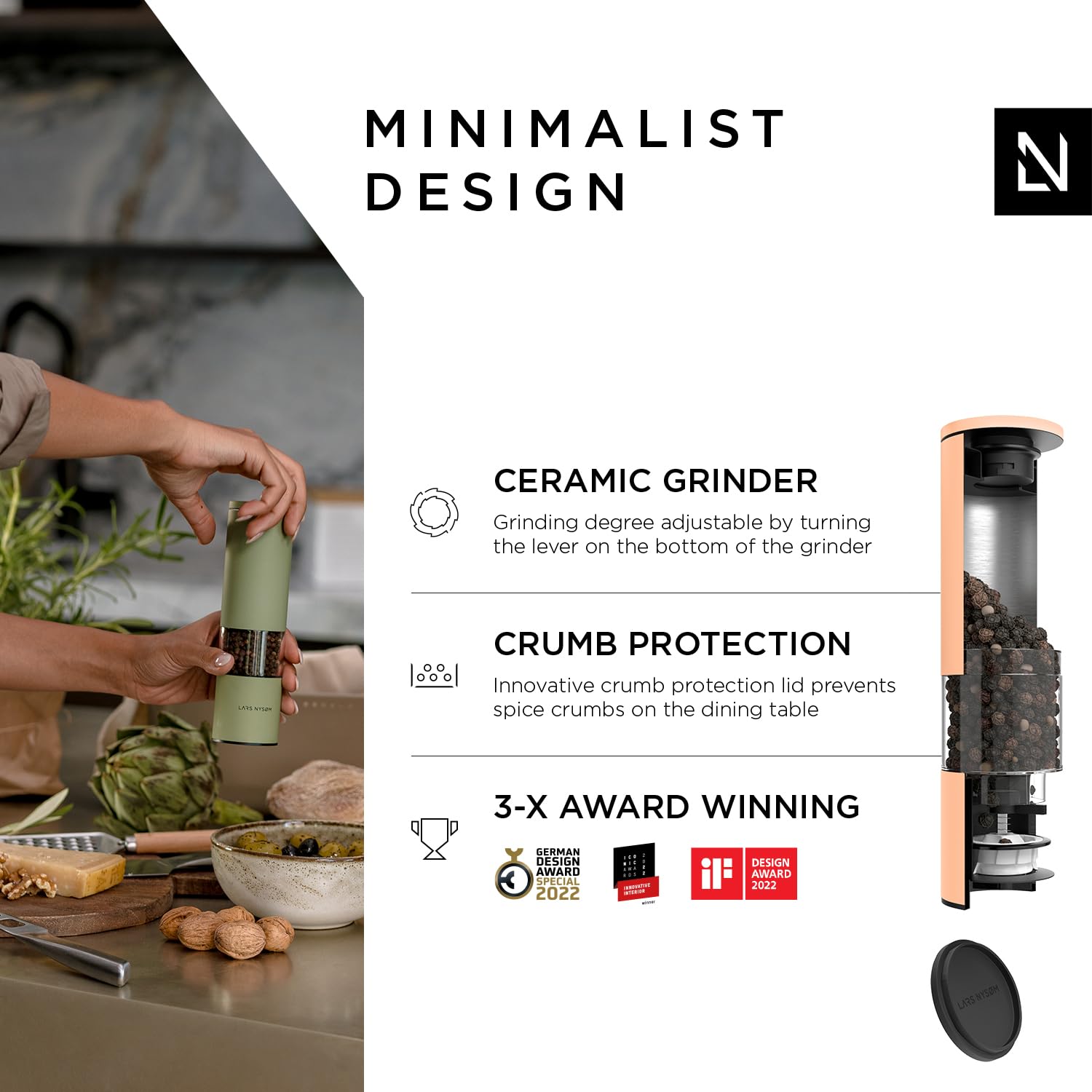 LARS NYSØM Salt and Pepper Mills Set Stainless Steel with Adjustable Ceramic Grinder 2 Pieces I Design Spice Mills Set Manual (Brown/Beige)