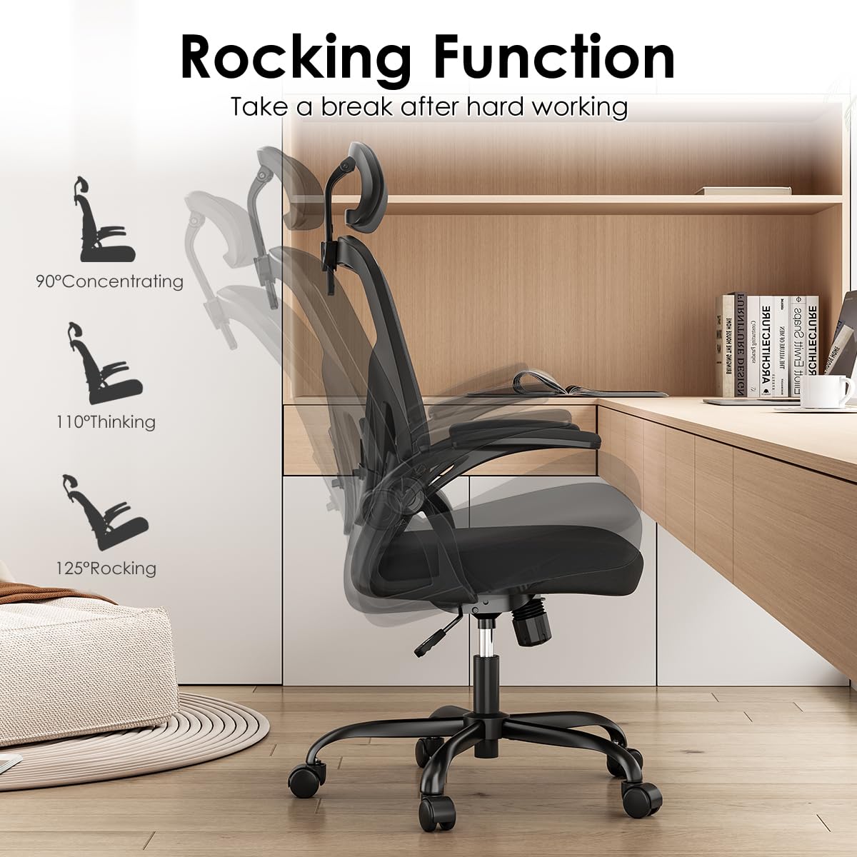 Farini Ergonomic Office Chair, Home Office Desk Chair with Headrest, High Back Computer Chair with Flip-up Armrests and Adjustable Lumbar Support for Home Office Study Bedroom, Khaki.