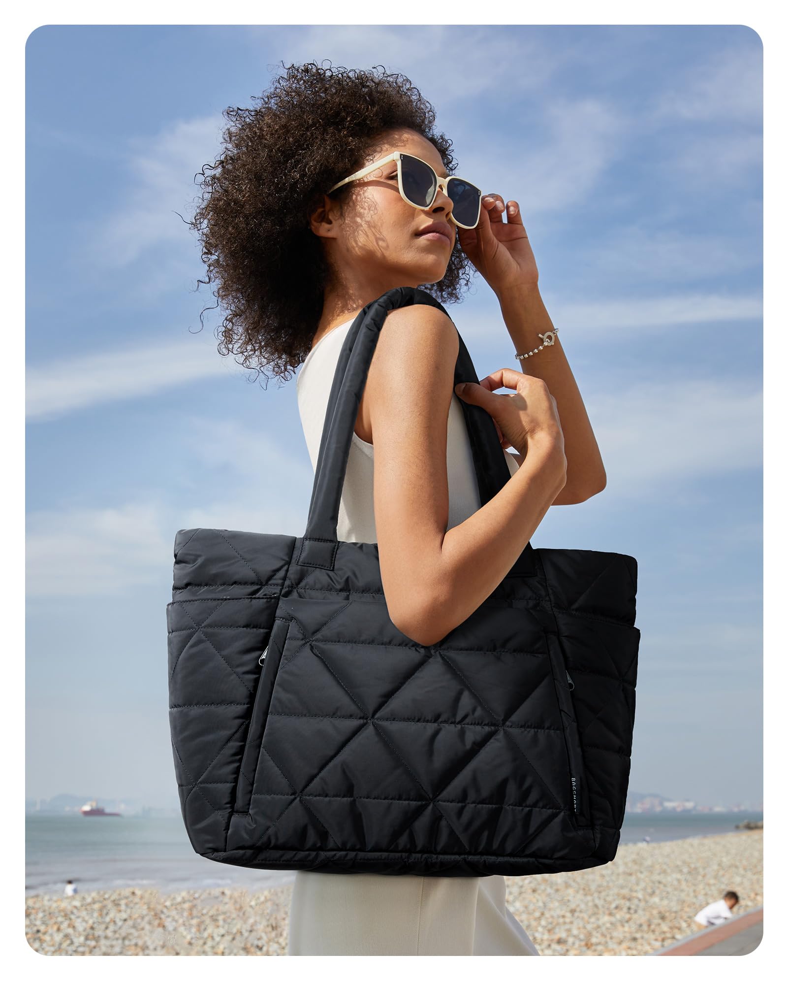 BAGSMART Tote Bag for Women, Puffy Tote Bag with Zipper, Large Quilted Shoulder Bag with Compartments for Travel, Work, Gym