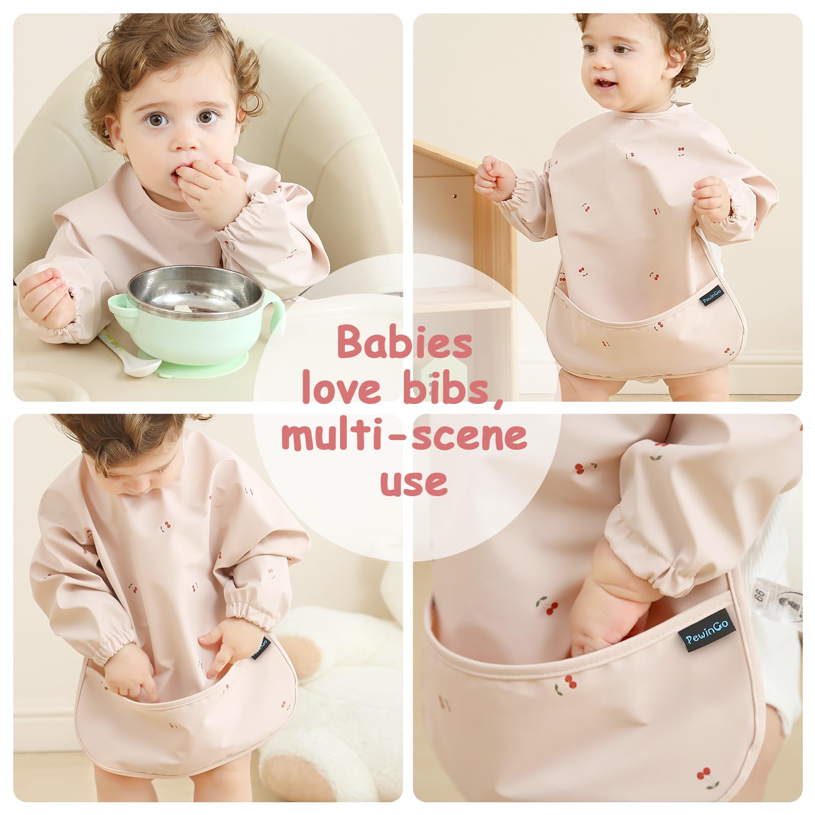 PewinGo Weaning Bib with Long Sleeves & BLW, Soft and Skin-Friendly Material, Coverall Bibs for Baby Feeding, Waterproof and Easy to Clean & Machine Washable, for Baby Infant Toddlers (Pink)