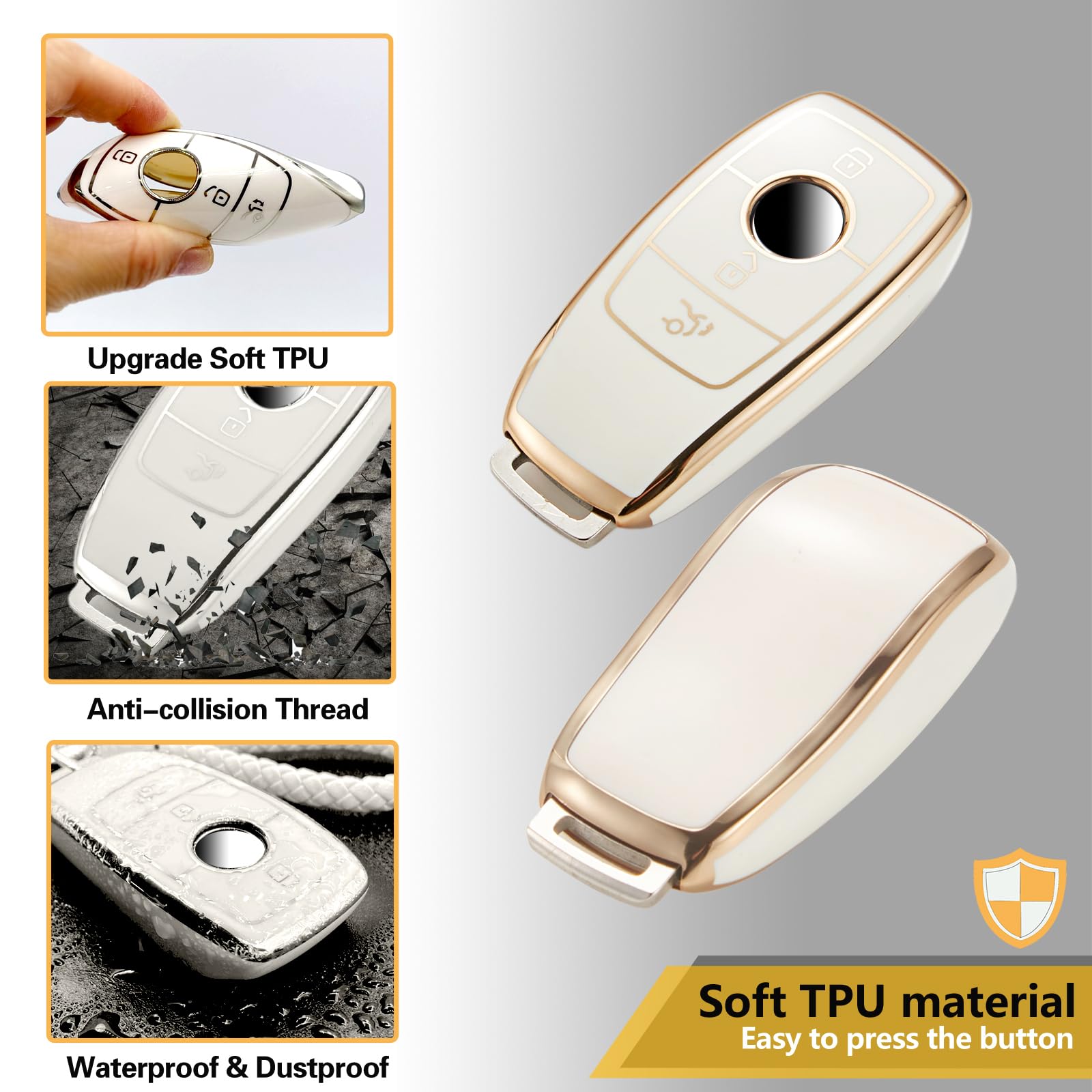 Cadillac Key Fob Cover with Metal Braided Rope Keychain, Upgraded Soft Key Case for 2015-2019 Escalade CTS SRX XT5 ATS STS CT6 (5 Button) (Gold Edge)