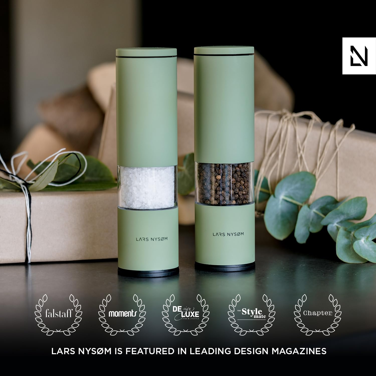 LARS NYSØM Salt and Pepper Mills Set Stainless Steel with Adjustable Ceramic Grinder 2 Pieces I Design Spice Mills Set Manual (Brown/Beige)