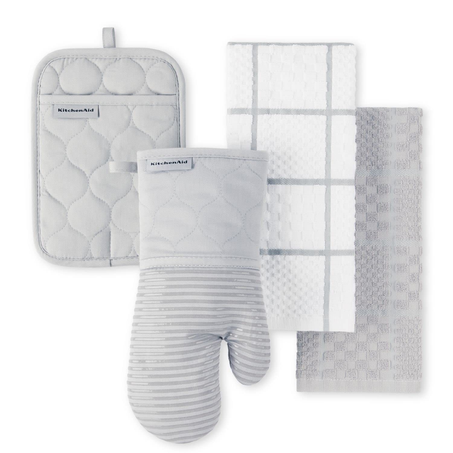 KITCHENAID Quilted Cotton Terry Cloth Oven Mitt, Pot Holder, Kitchen Towel 4-Pack Set, Heat Resistant, Silicone Grip, Gift Set, Milkshake, 16"x26", 7"x13" & 7"x10"