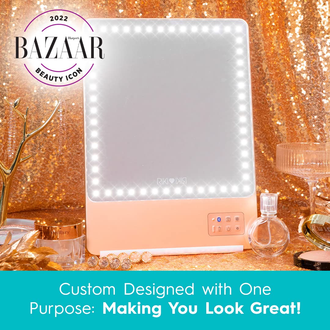 Glamcor Riki Skinny Smart Vanity Mirror with HD LEDs, Magnifying Mirror Attachment, Phone Holder and Bluetooth Control (Champagne Gold, 5X Magnification)