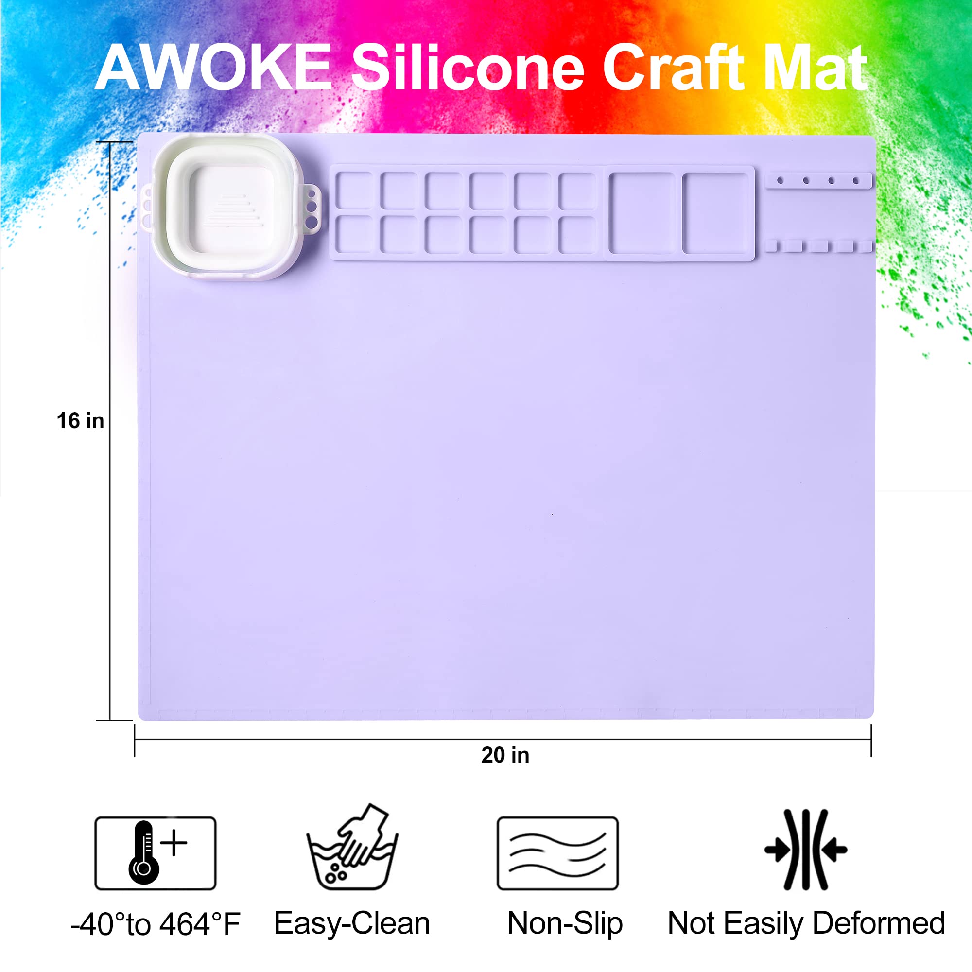 AWOKE Silicone Painting Mat - 20"X16" Silicone Art Mat with 1 Water Cup for Kids - Silcone Craft Mat has12 Color Dividers - 2 Paint Dividers (White)