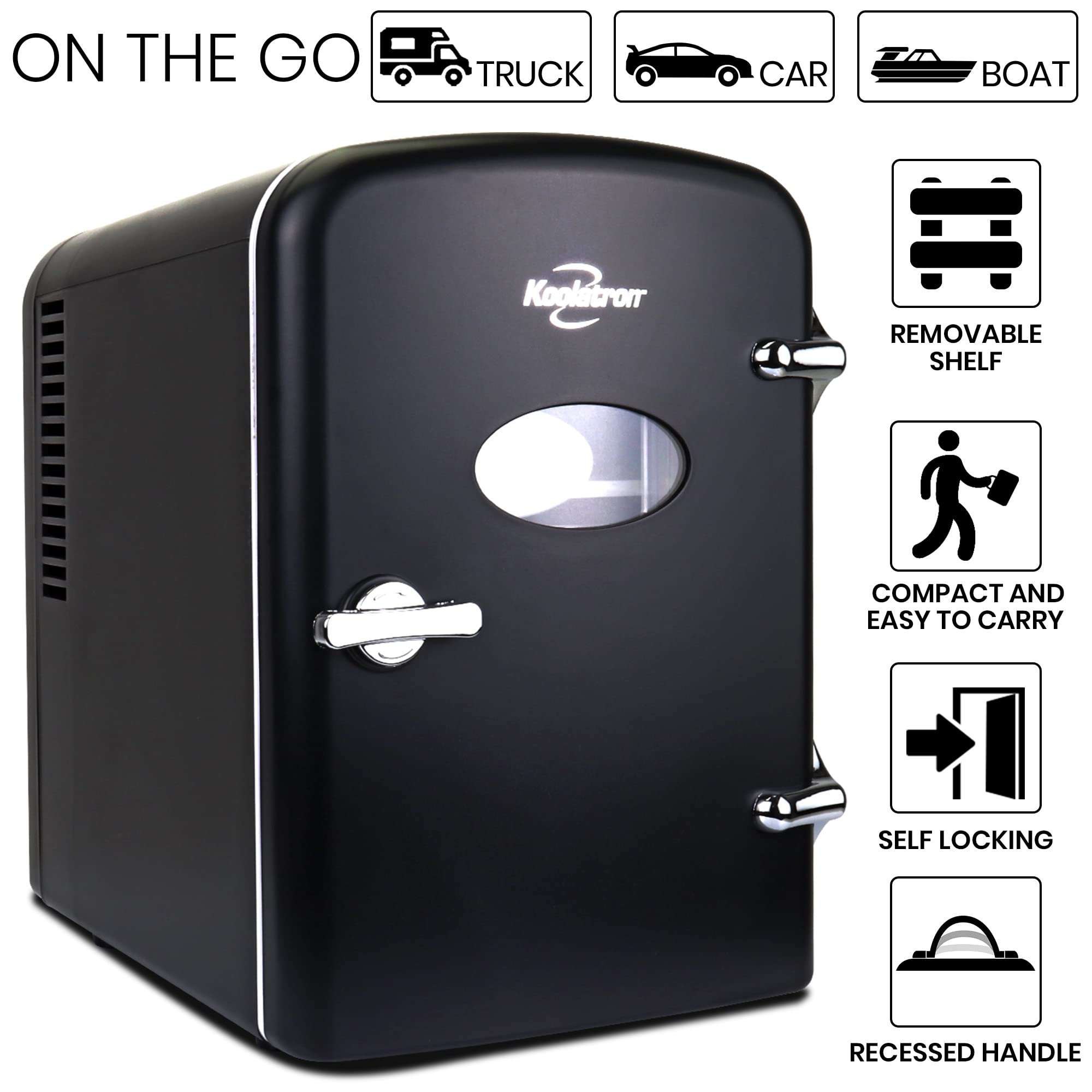 Koolatron Retro Mini Portable Fridge, 4L Compact Refrigerator for Skincare, Beauty Serum, Face Mask, Personal Cooler, Includes 12V Car Adapter, Desktop Accessory for Home Office Dorm Travel, Pink