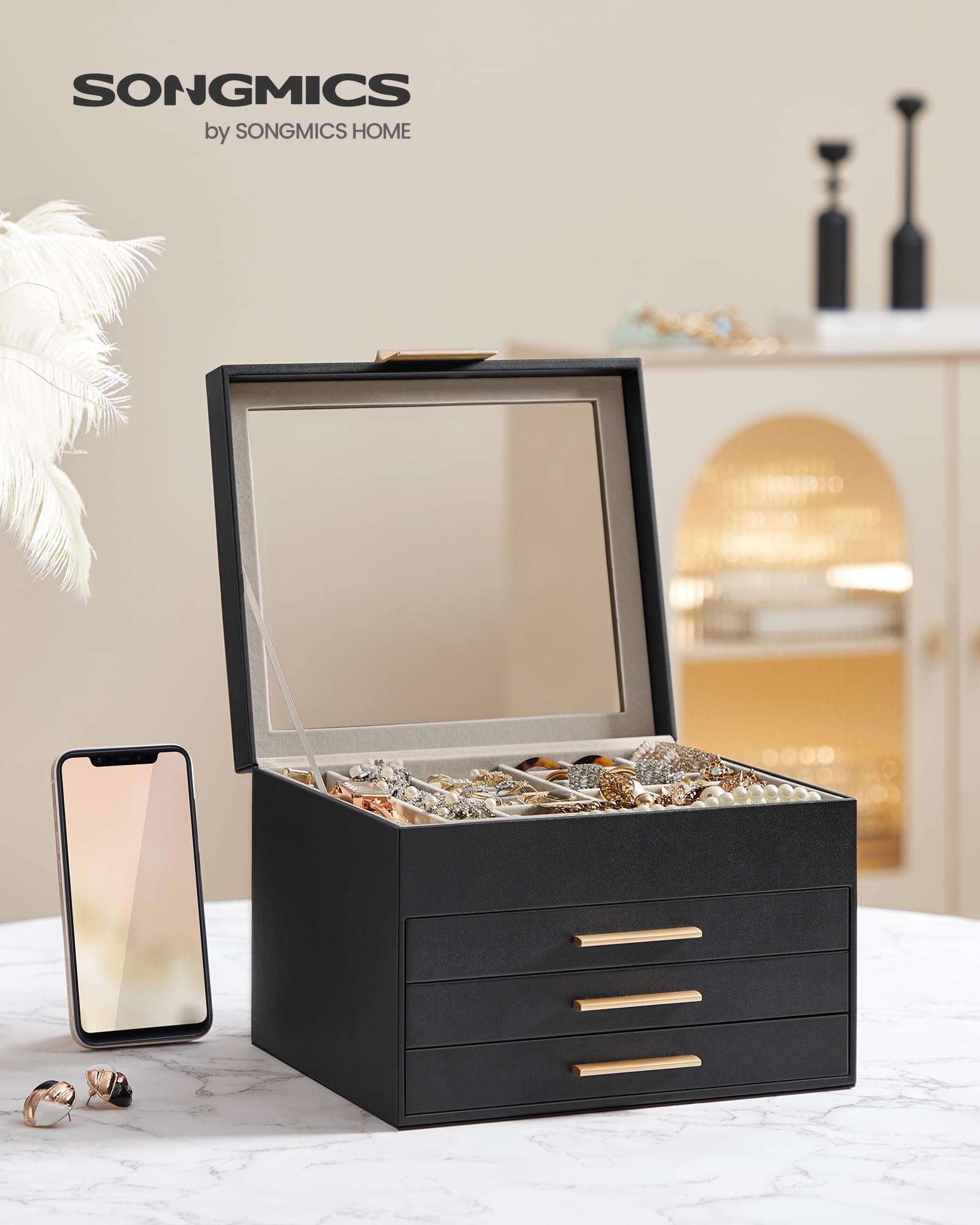 SONGMICS Jewelry Box with Glass Lid, 3-Layer Jewelry Organizer, 2 Drawers, for Big and Small Jewelry, Jewelry Storage, Modern Style, 8 x 9.1 x 5.3 Inches, Cloud White and Gold Color UJBC239WT