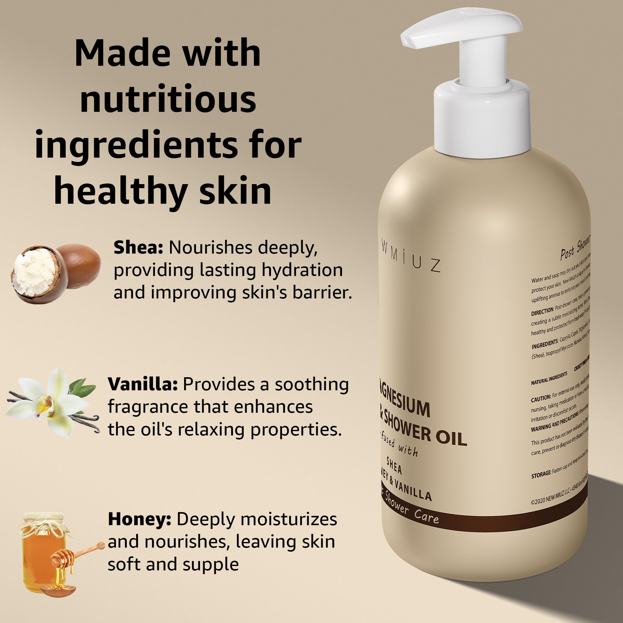 Magnesium Shower Oil Body Wash - Natural Post Shower Care for Dry Skin in Shower Cleansing & Softening Moisturizing Body Legs Non Greasy Shea Honey Vanilla Spa Self Care Spa Gift