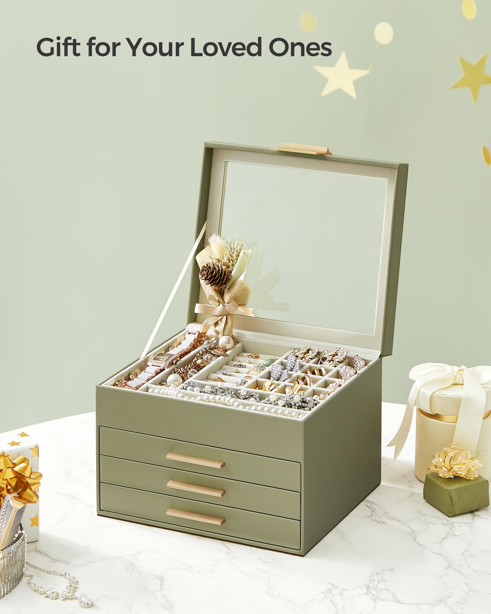 SONGMICS Jewelry Box with Glass Lid, 3-Layer Jewelry Organizer, 2 Drawers, for Big and Small Jewelry, Jewelry Storage, Modern Style, 8 x 9.1 x 5.3 Inches, Cloud White and Gold Color UJBC239WT