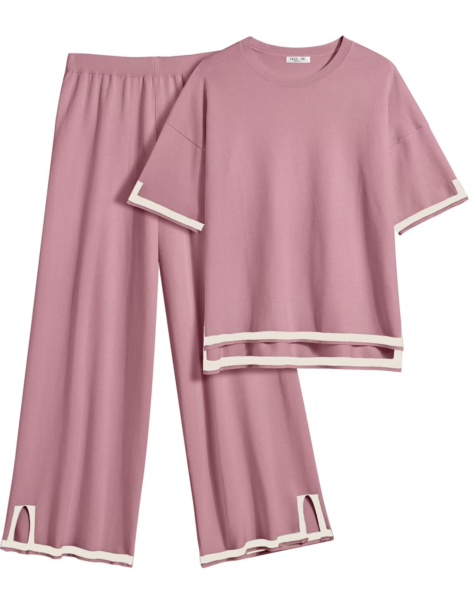 Ekouaer Lounge Set for Women 2 Piece Sets Loungewear Set Outfits Knit Sweater Sets Wide Leg Long Pants Pajama Set