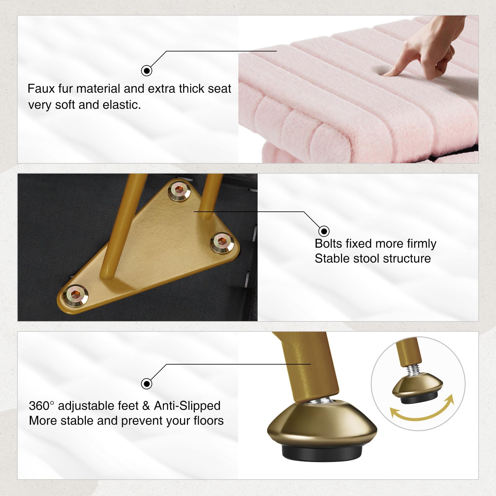 Greenstell Vanity Stool Chair Faux Fur with Storage, 19.4" H x 15.7" L x 11.8" W Soft Ottoman 4 Metal Legs with Anti-Slip Feet, Furry Padded Seat, Modern Multifunctional Chairs for Makeup, Bedroom