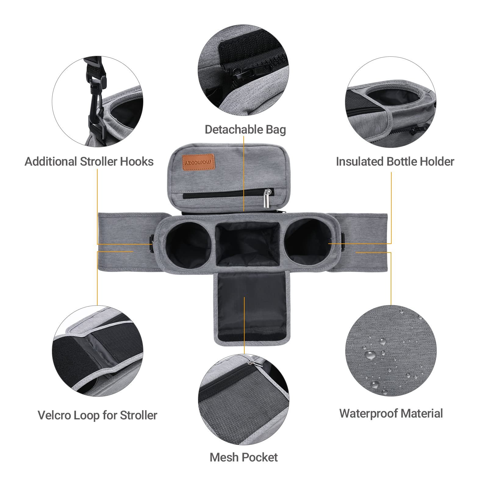 Momcozy Universal Baby Stroller Organizer, 2 Insulated Cup Holder, Detachable Zippered Pocket, Adjustable Shoulder Strap, Large capacity for baby essentials, Compact Design Fits Any Strollers
