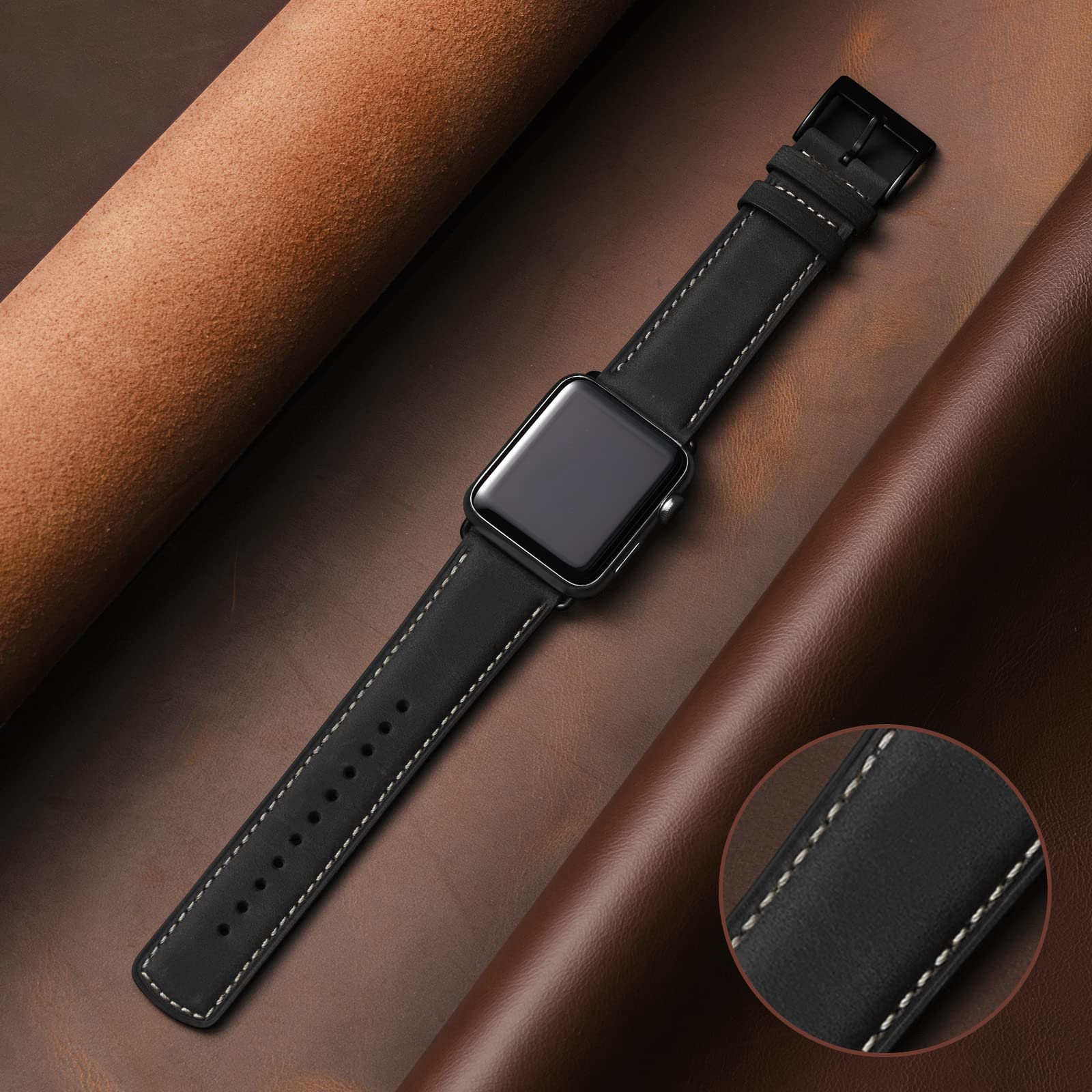 Bestig Compatible with Apple Watch Band 49mm 46mm 45mm 44mm 42mm(Series 3 2 1) Apple Watch Leather Bands Genuine Leather for iWatch Strap Ultra Series 10 9 8 7 6 5 4 SE Women Man-Redbrown/Black