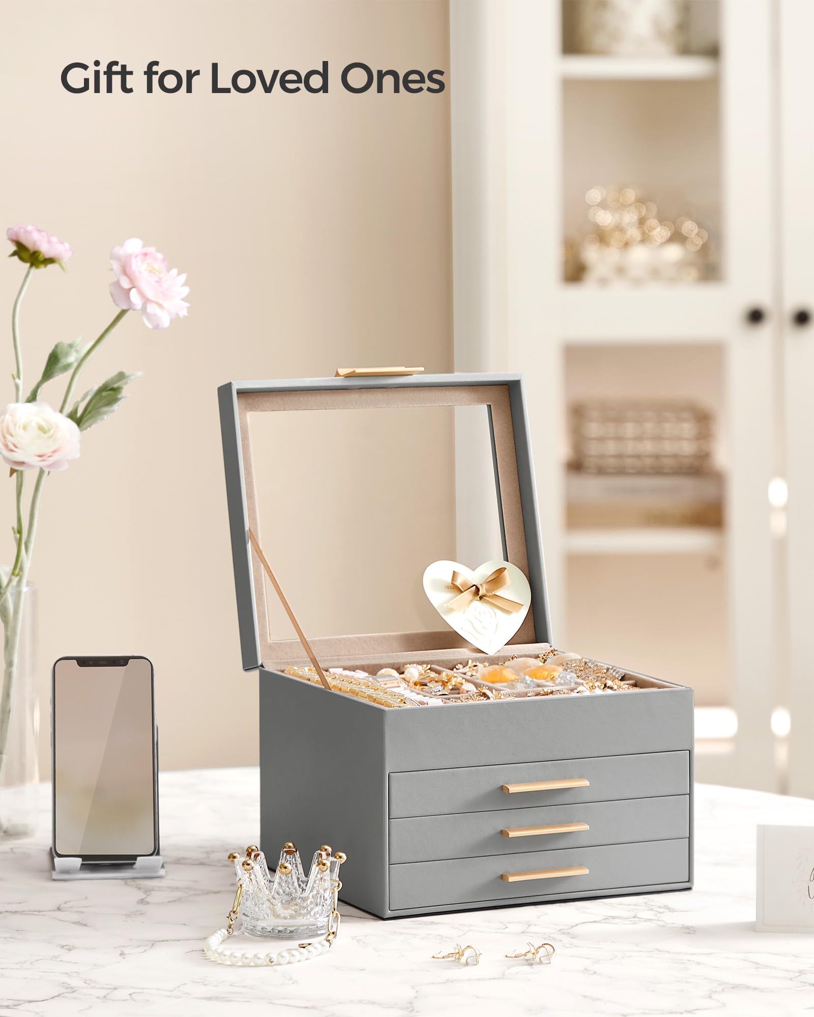 SONGMICS Jewelry Box with Glass Lid, 3-Layer Jewelry Organizer, 2 Drawers, for Big and Small Jewelry, Jewelry Storage, Modern Style, 8 x 9.1 x 5.3 Inches, Cloud White and Gold Color UJBC239WT