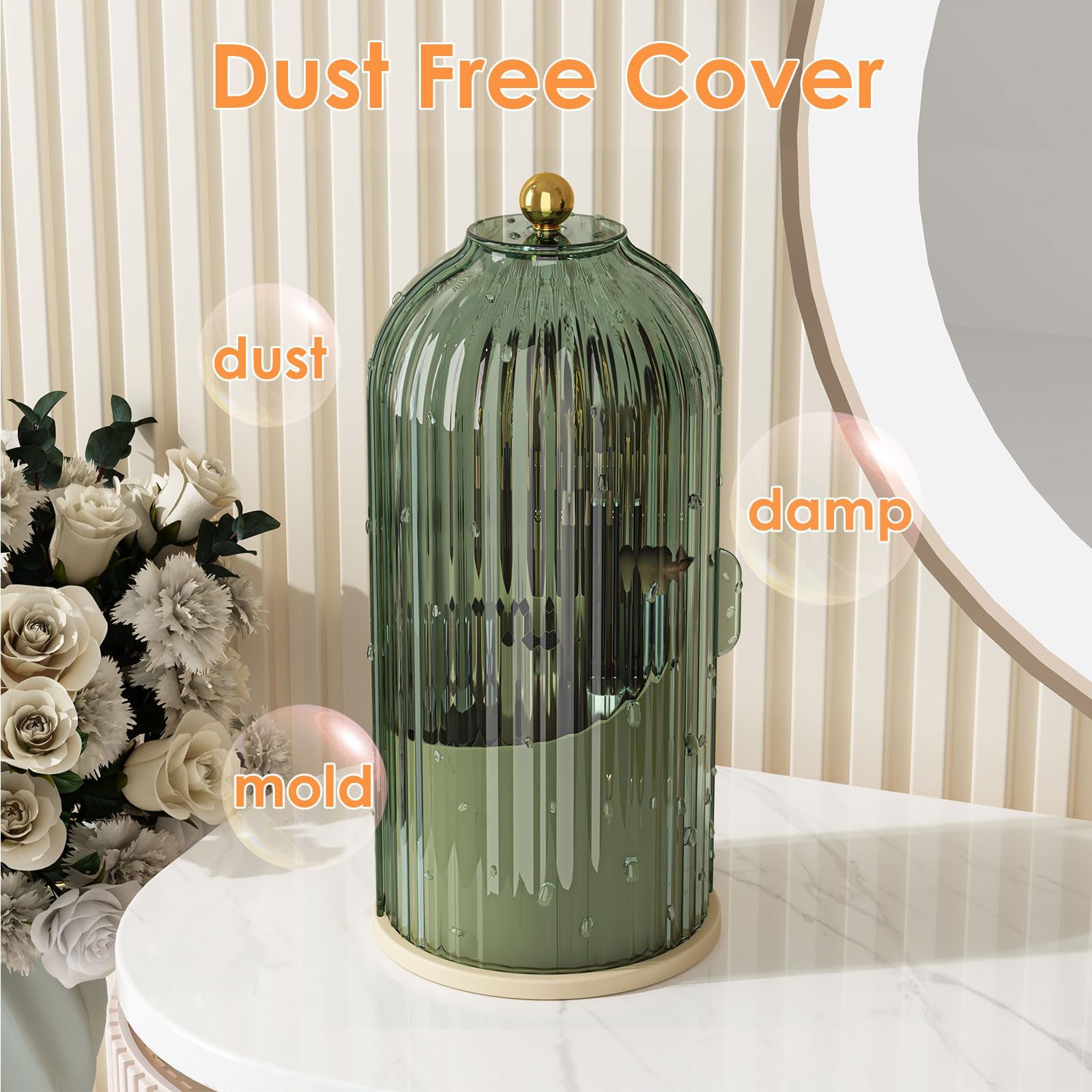 Makeup Brush Holder Organizer with Lid,360 Rotating Clear Dustproof Makeup Brushes Organizer for Vanity Desktop Bathroom Countertop (Transparent)