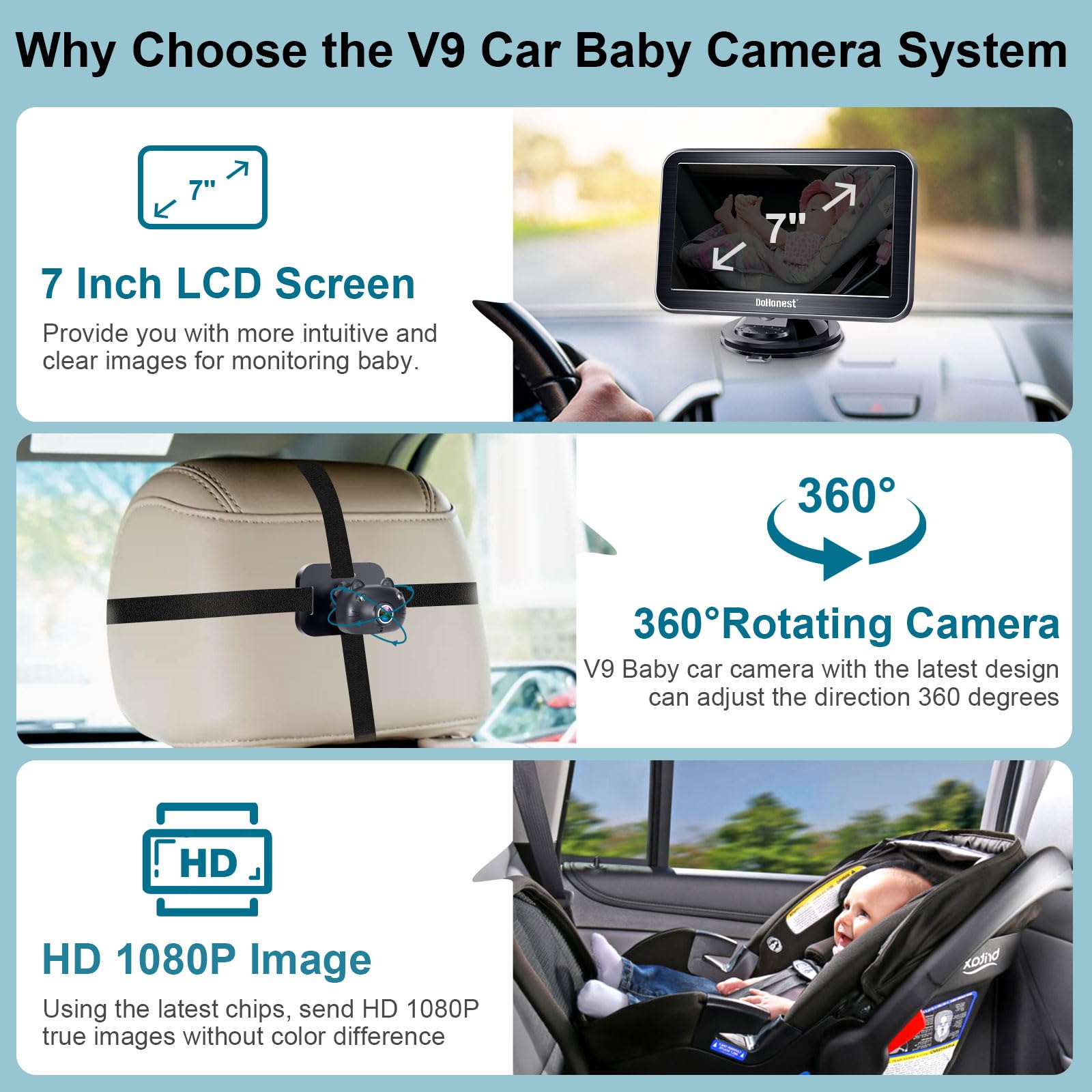DoHonest Baby Car Camera 7-Inch: USB Plug and Play Easy Setup 360 Degree Rotating Backseat Camera Two Kids HD 1080P Rear Facing Car Seat Camera Clear Night Vision -V9 Black