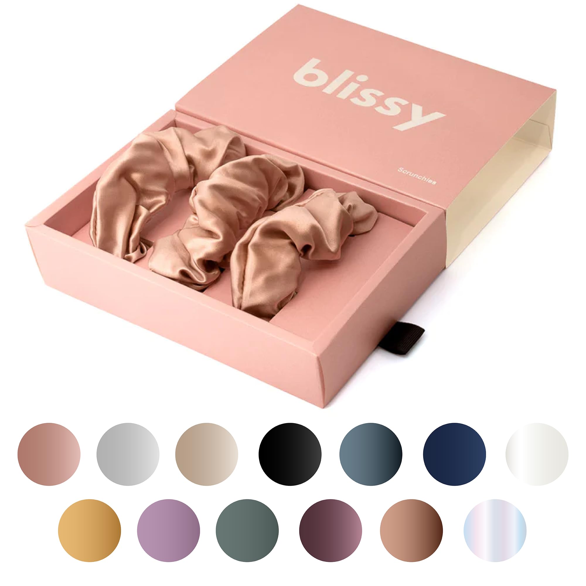 Blissy Silk Scrunchies (3 Pack) - 100% Pure Mulberry Silk - 22 Momme 6A High-Grade Fibers - Silk Scrunchie for Straight & Curly Hair - Preventing Breakage, Tangling, & Creasing (Rose Skinny)